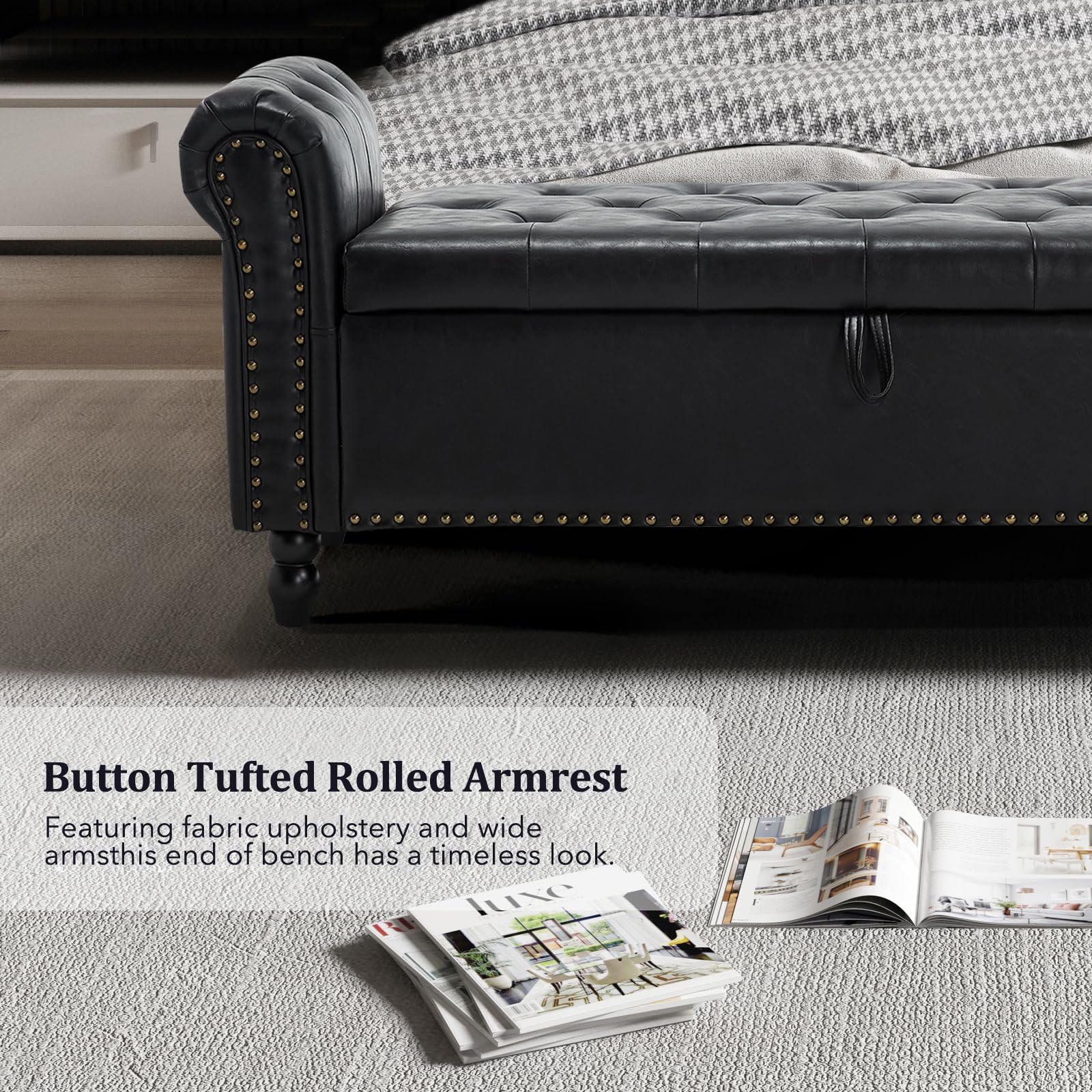 Furniliving Storage Ottoman Bench, Leather Benches End of Bed Bench with Solid Wood Legs Upholstered Ottoman Bench with Storage Indoor Bench for Living Room with Rolled Arm, Entryway, YellowBrown: 19.69"D x 55.12"W x 21.65"H Black-pu