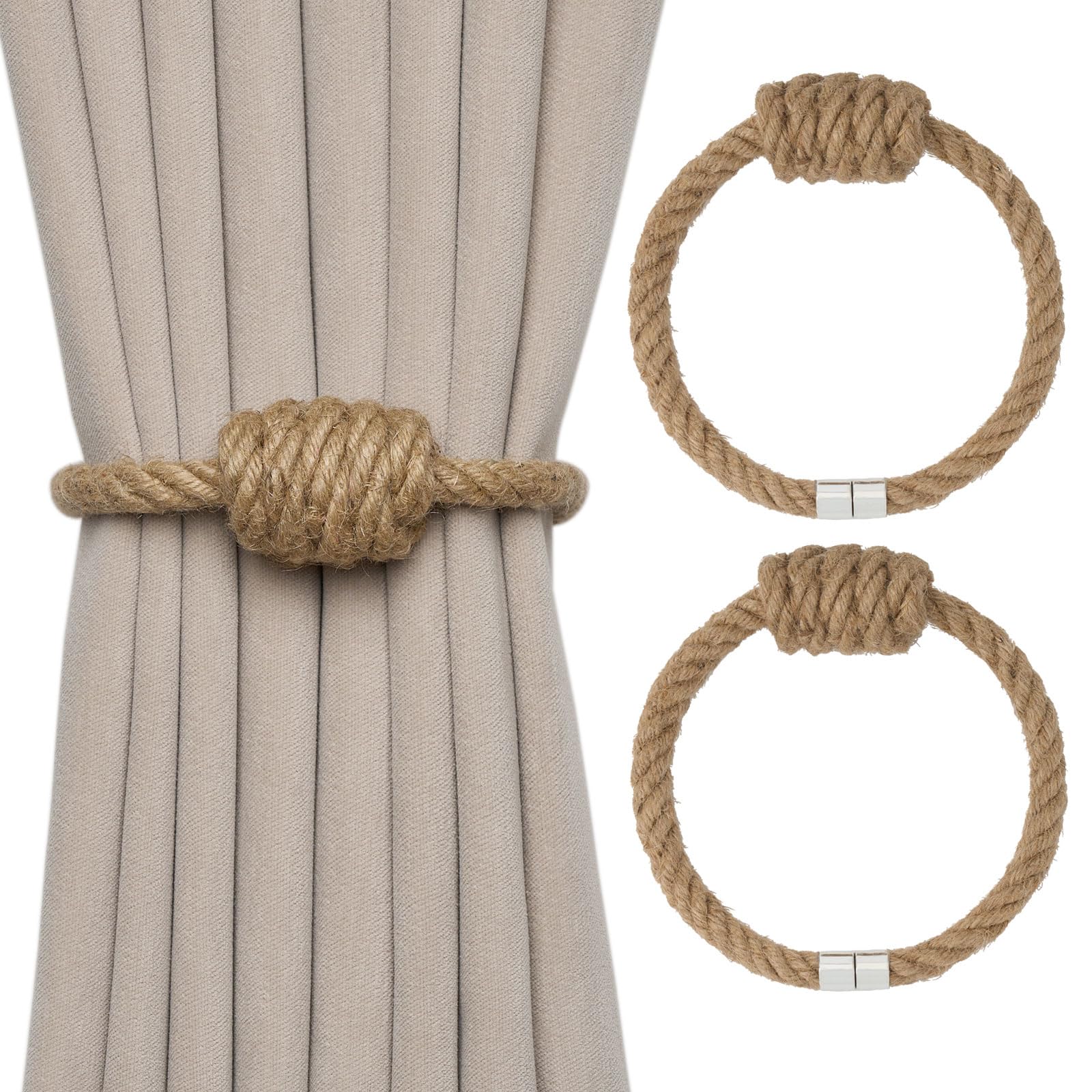 Pretty Jolly 2 Pack Natural Jute Rope Magnetic Curtain Tiebacks Boho Style Drape Tie Backs Elegant Hand Weave Rope Knot Decorative Curtain Holdbacks for Home & Office Window Drapery (Jute)