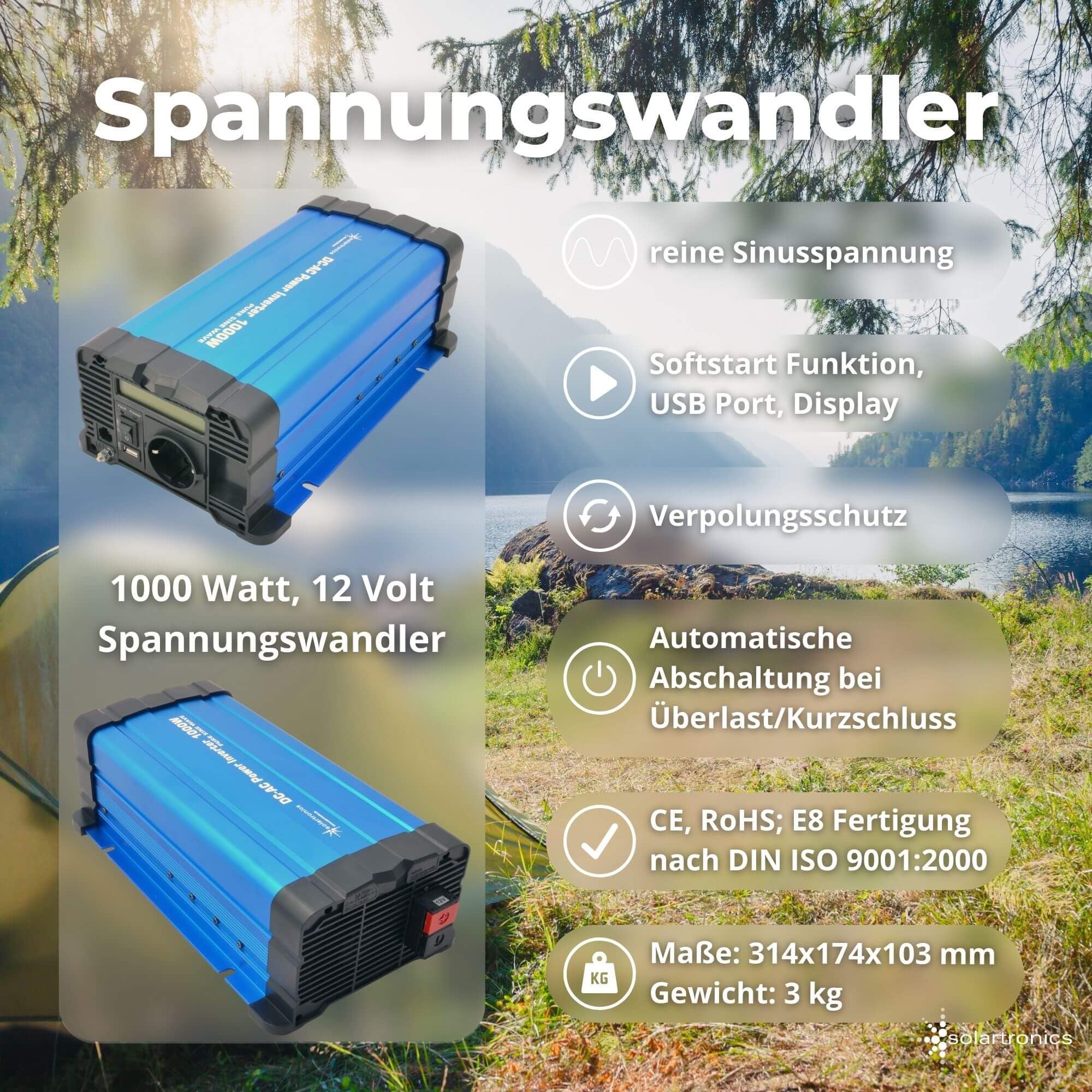 SOLARTRONICS Komplettset 2x120 Watt Solarmodul 1070x580x35, FSD 1000W 12V Spannungswandler 20A Laderegler