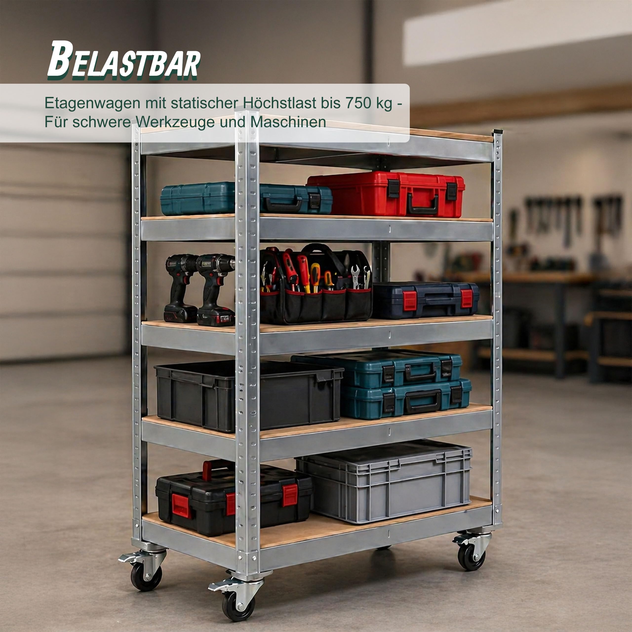 Relaxdays Etagenwagen, 5 Ebenen, Rollen & Bremse, Bis 750 kg, Silber