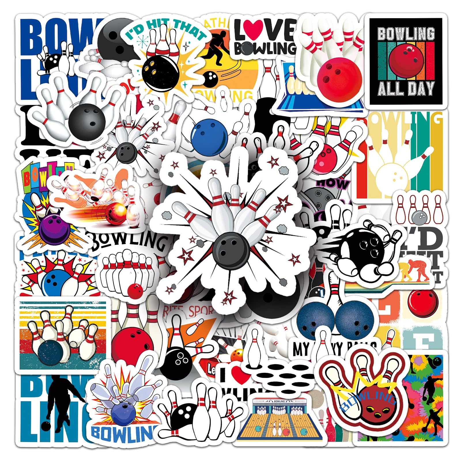 50 Pcs Bowling Vinyl Stickers,Bowling Graffiti Stickers,Vinyl Waterproof Sticker for Kids Teens Girls,for Phone Laptop Bottles Skateboard Computer Phone Luggage Guitar Gifts Sticker