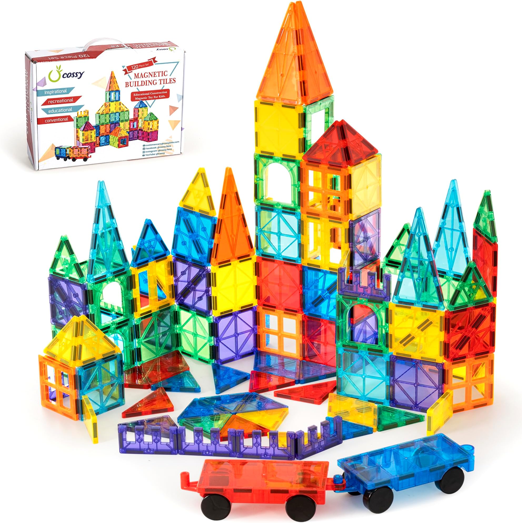 cossy 120PCS Magnetic Tiles, 3D Magnetic Building Blocks with 2 Car Bases, STEM Magnet Toys for Kids, Building Construction Toy, Learning Educational Construction Toys for 3+ Year Boys & Girls