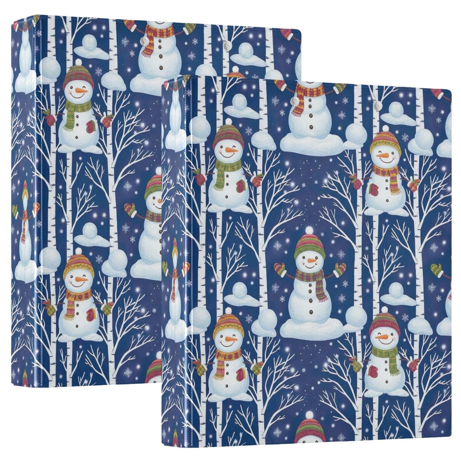 Snowmen - Carpeta de 3 anillos de invierno, color blanco y azul, carpeta de anillos en D, paquete de 2 | Con portapapeles y bolsillos, para escuela, universidad, oficina