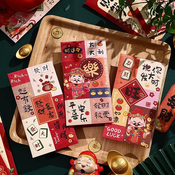 18pcs Chinese New Year Red Envelopes 2026 Year Lucky Money Envelopes Red Packets for Cash Gift, 6 Pattern Hong bao With Auspicious Words & lovely Pictures for Lunar Spring Festival, Birthday, Wedding
