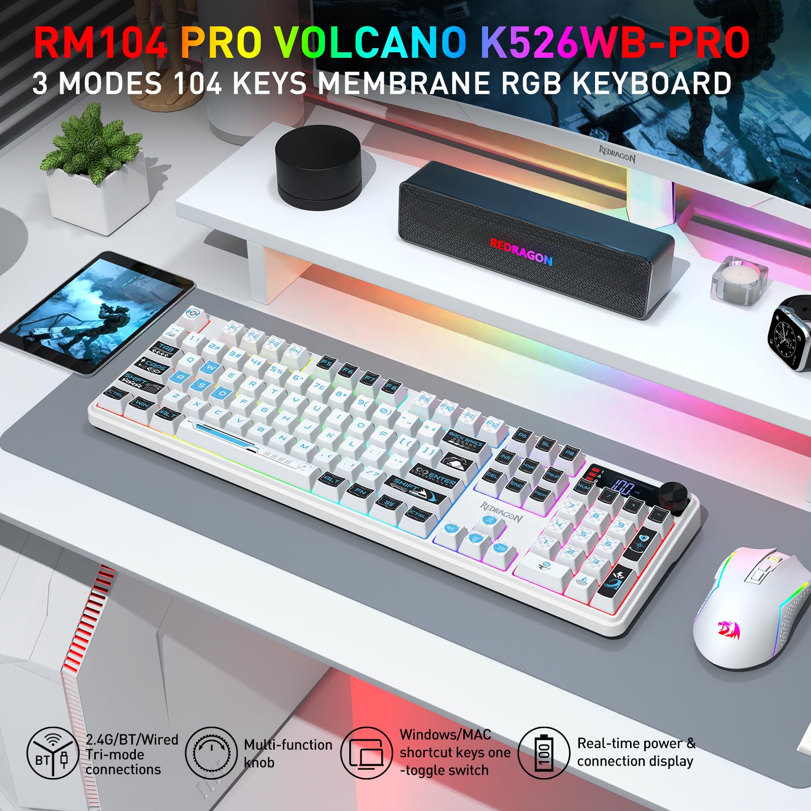 Redragon K526 Pro RGB Teclado Gaming Inalámbrico 104 Teclas Tacto Mecánico | Pantalla Información LED Control Perilla Retroiluminada Interruptor Lineal Suave Amplia Compatibilidad