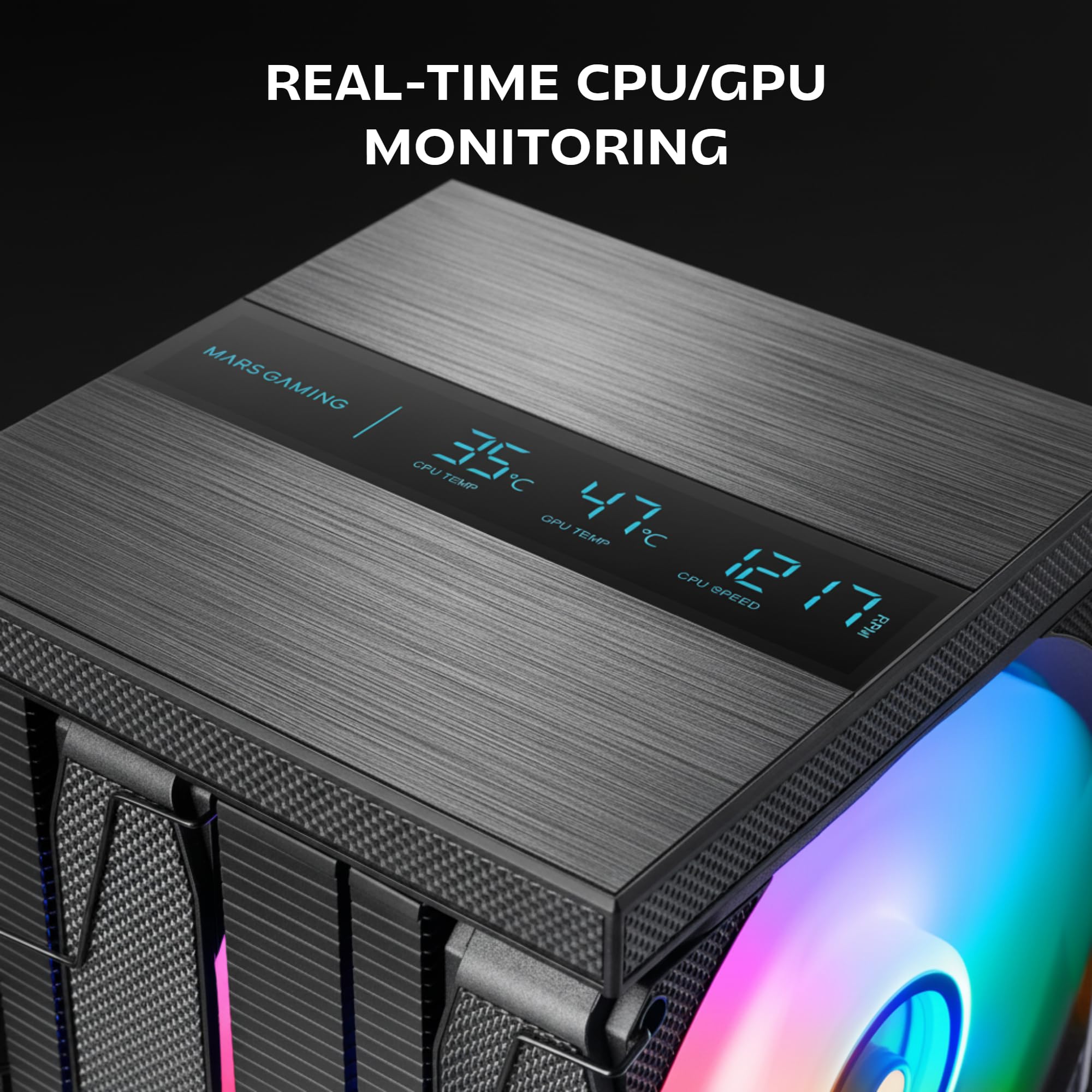 Mars Gaming MCPU-LCDPRO, Podwójny wieżowy radiator CPU 380W TDP, 8x Heatpipes HCT, 2x Wentylatory 120mm PWM FDB, Duży ekran LCD, Oświetlenie ARGB Infinity Mirror, Kompatybilność z Intel i AMD, Czarny