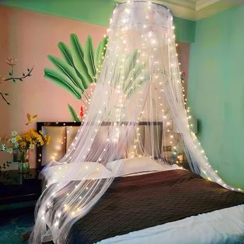 Eimilaly Lace Bed Canopy Mosquito Net with Warm Lights, Princess Bed Canopy for Girls Room Decoration, White/Single Door
