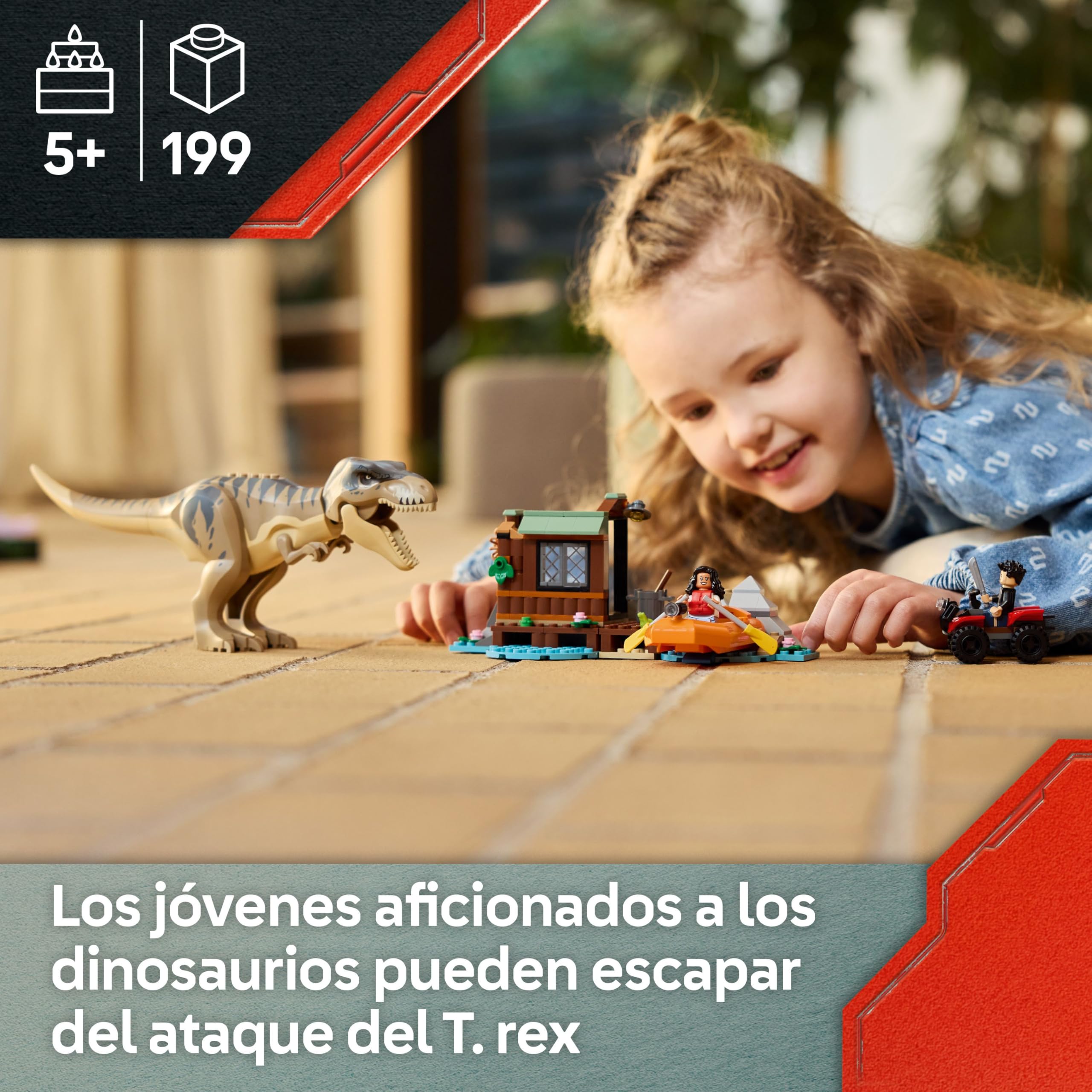 LEGO Jurassic World Huida por el Río y T. Rex a la Caza - Figura de Dinosaurio de Juguete Interactivo, Barco, Quad y 2 Minifiguras - Regalo de Cumpleaños para Niños y Niñas de 5+ Años 76975