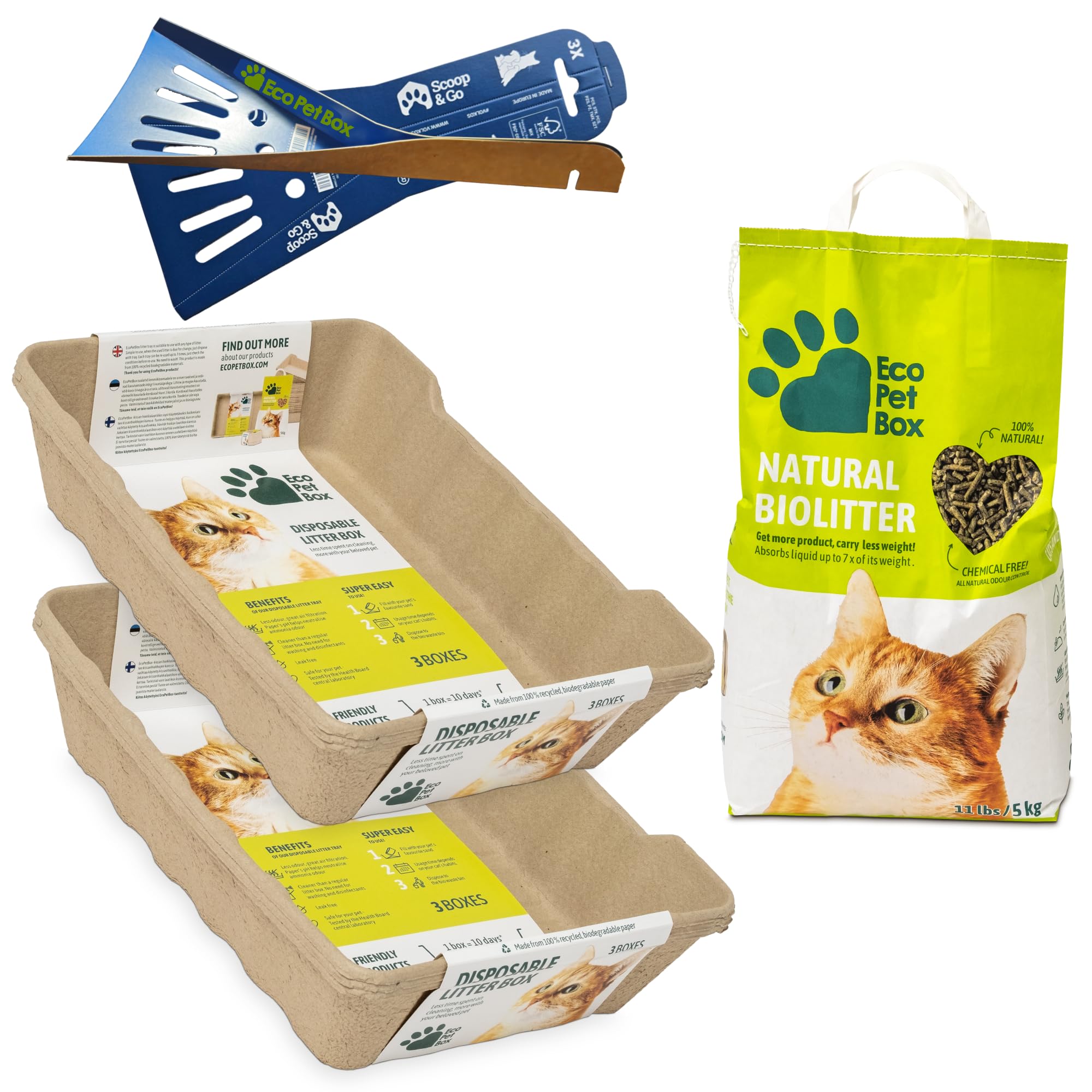 EcoPetBox – Recyclebare Katzentoilette Set – 6 große Einweg Bio-Katzenklos, 5 kg Natur-Katzenstreu, 3 Schaufeln, biologisch abbaubar & plastikfrei – Hygienisch, geruchshemmend & sofort einsatzbereit