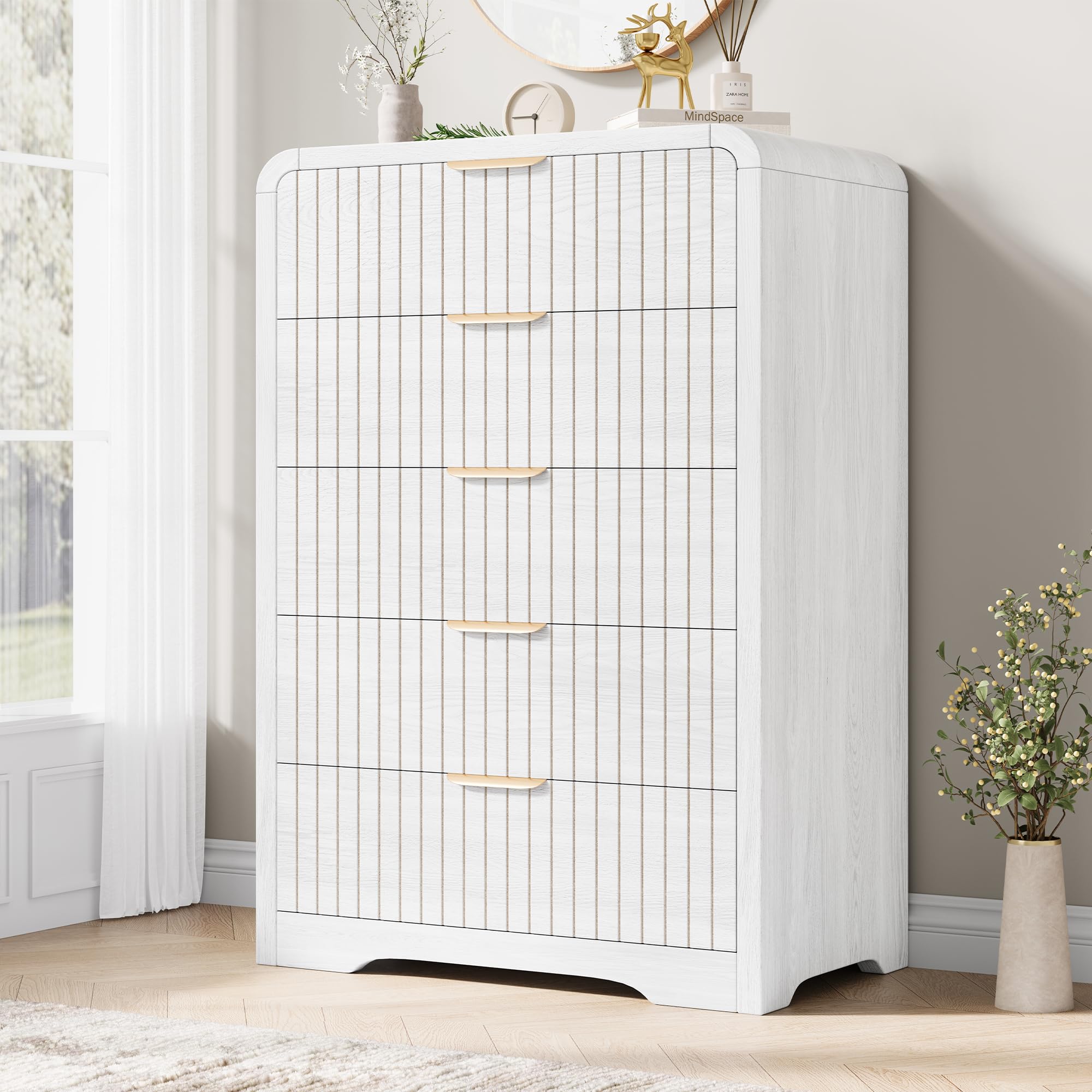 Photo 1 of Jocoevol 5 Drawer Dresser for Bedroom, Tall Chest of Drawers, Fluted Wood Dresser with Curved Profile Design, Modern Vertical Storage Dresser for Living Room, White Dresser