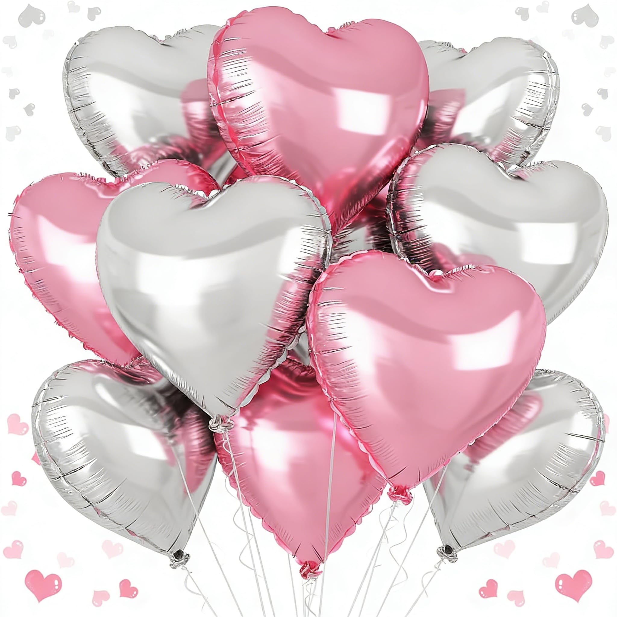 Pink Silver Heart Balloons,18 Inch Pink Silver Heart Shape Balloons,12PCS Foil Heart Balloon Helium for Birthday Party Bridal Engagement Wedding Anniversary Baby Shower Valentines Decor