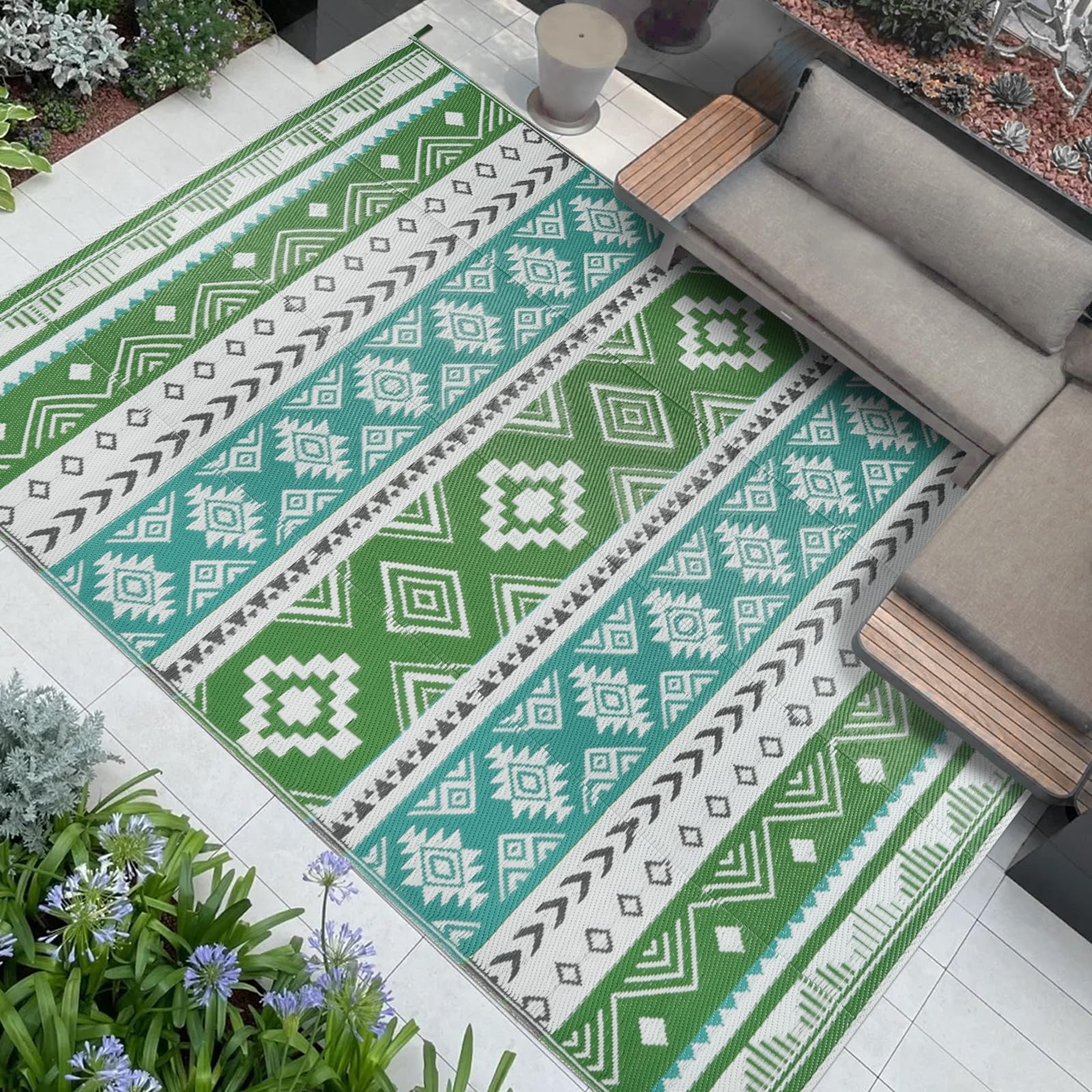 Famibay Outdoor Rug Waterproof Patio Rugs Large Garden Rug Camping Mat Portable Picnic Blanket Outdoor Floor Mat for Balcony Deck Backyard Porch Beach BBQ Blue Green