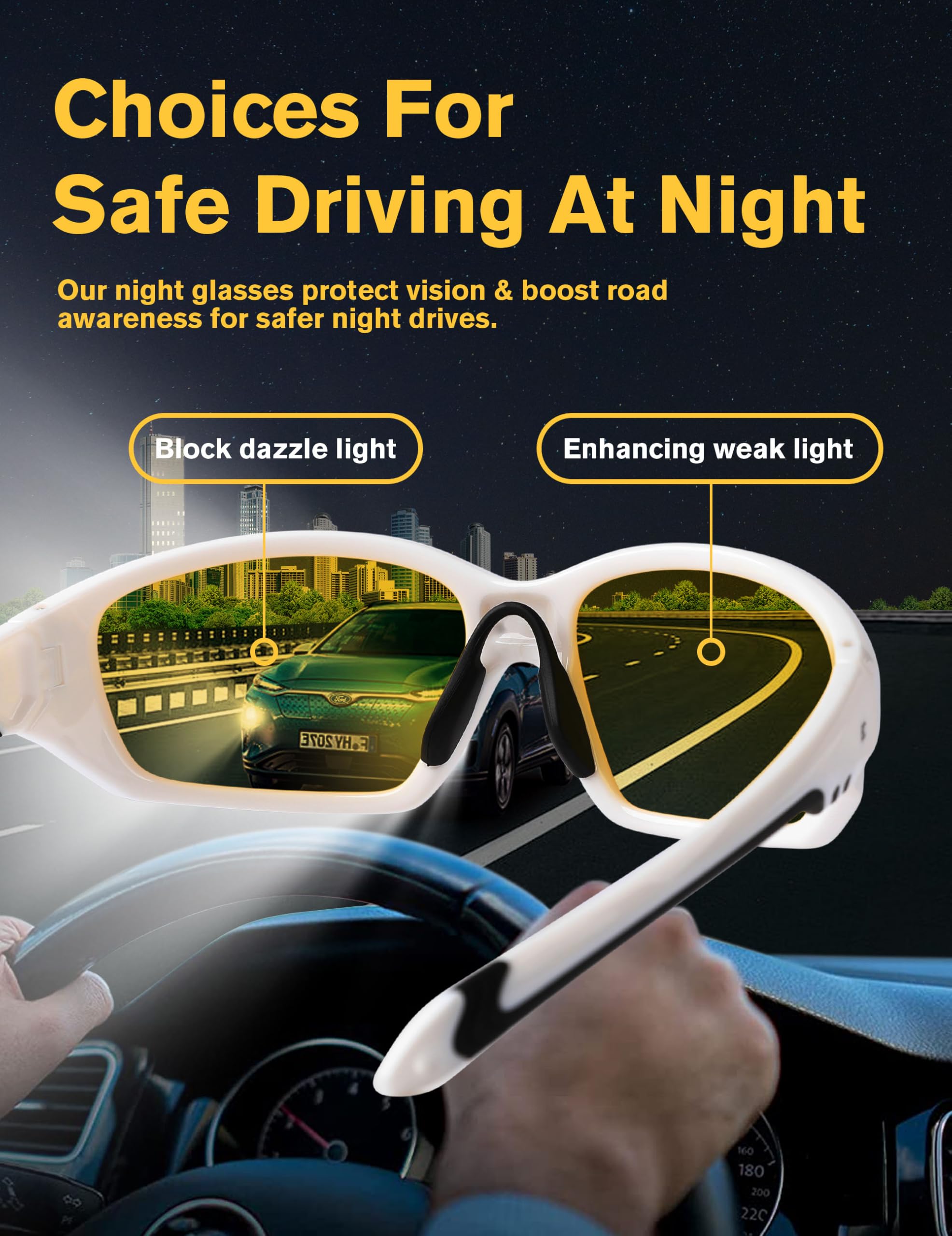 Lunettes de conduite de nuit pour homme : lunettes de vision nocturne HD anti-reflets TR90 Lunettes de conduite teintées jaunes pour la course à pied