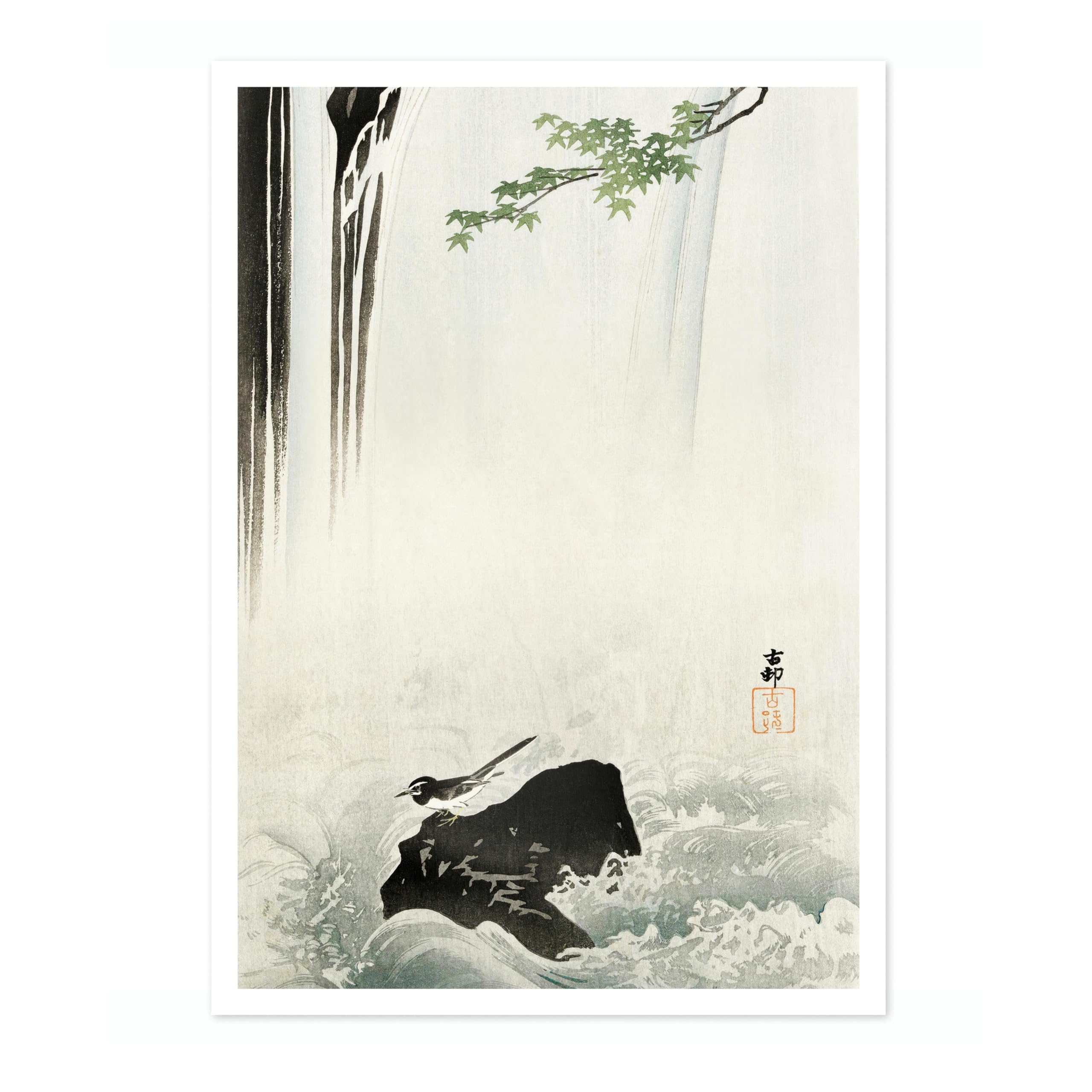 Japanese Wagtail At Waterfall Ohara Koson Poster, Japanese Woodblock Ukiyo-E Print, Vintage Nature Art Picture Animal Painting Wall Art, Artwork Home Decor, A3 (Print Only) - 42x29.7cm