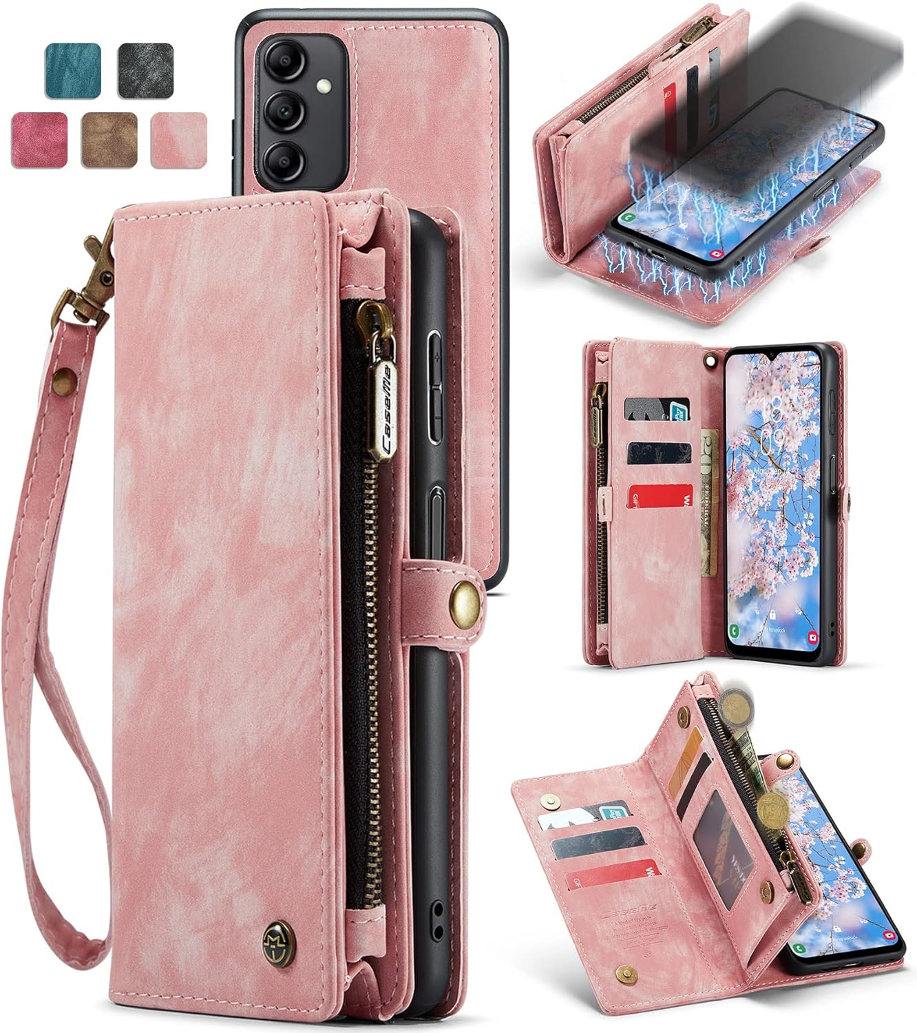 Case for Samsung Galaxy A14 5G 2023, Genuine Leather Wallet Detachable Magnetic Phone Cover Wireless Charge Zipper Purse RFID Blocking Card Slot Holster for Galaxy A14 6.6 inch (Brown)