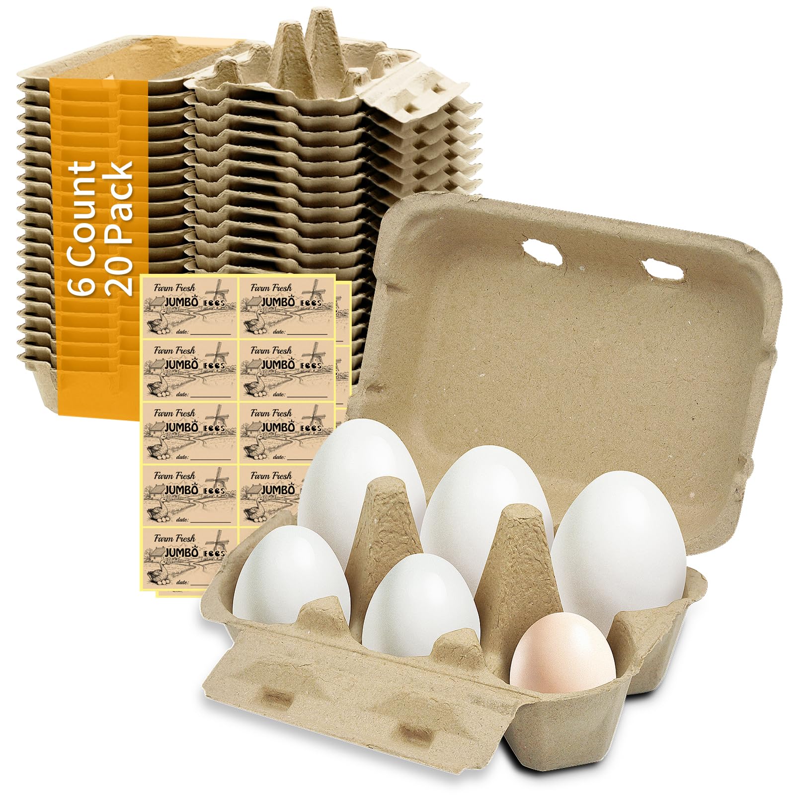 Paquete de 20 cajas de huevos de pato gigantes, con capacidad para hasta media docena de 6 huevos a granel, contenedores vacíos de cartón de grosor natural, cajas de huevos de pulpa natural,