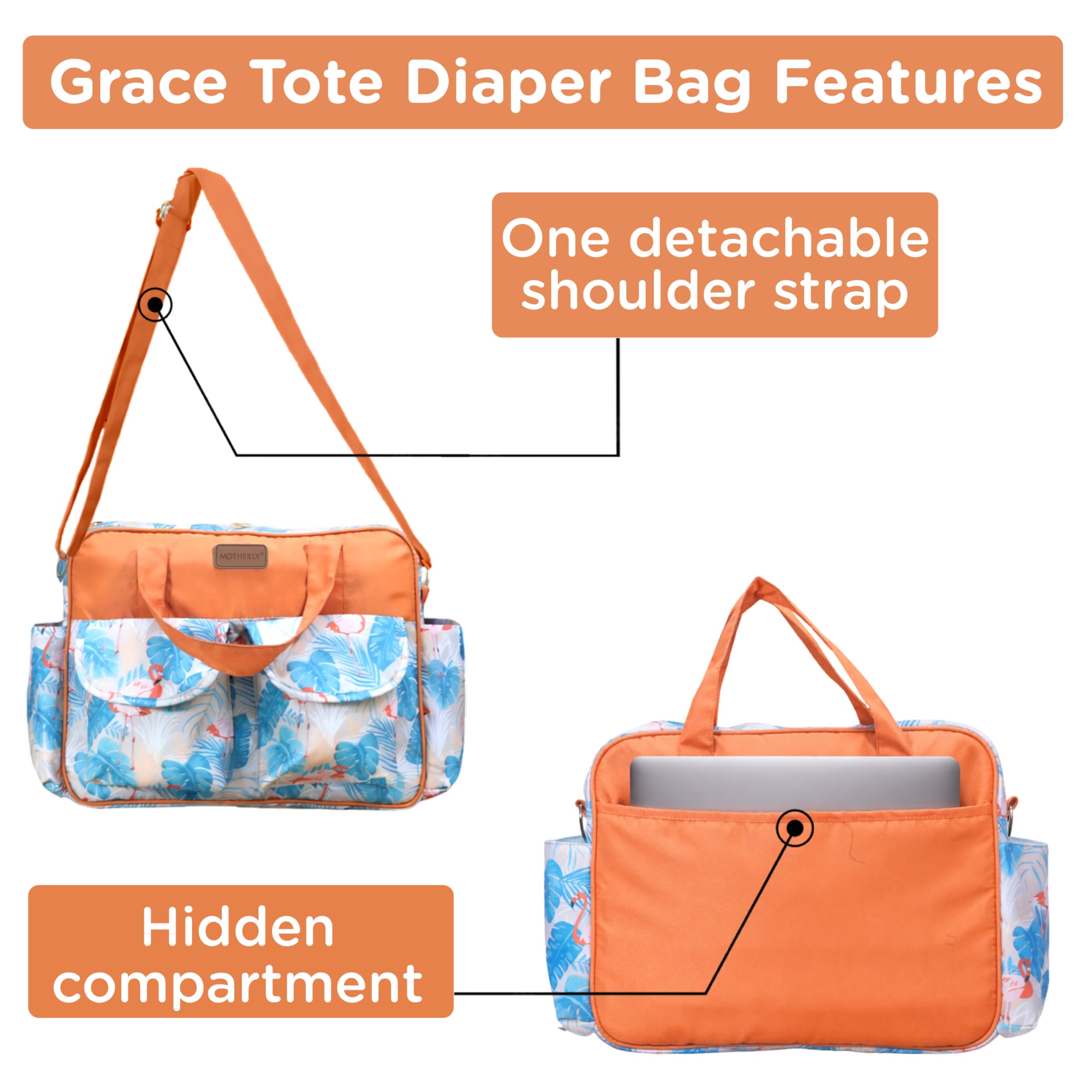 Motherly Tote Diaper Bag for Moms with Changing Mat, Grace Series, Flamingo 4
