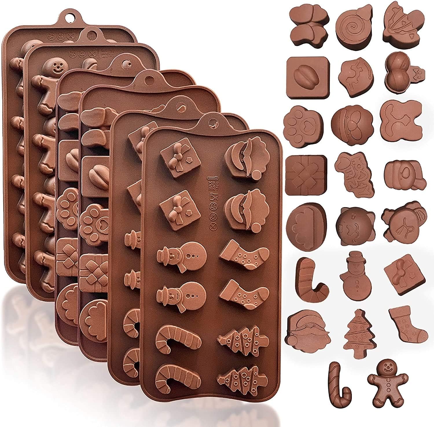 Christmas Silicone Chocolate and Candy Molds โ Small Baking Molds for Cake Toppers, Ice Cubes, Jello, DIY Candles โ Gingerbread, Candy Cane, Santa, Snowman - Xmas Themed Molds 6-Pack