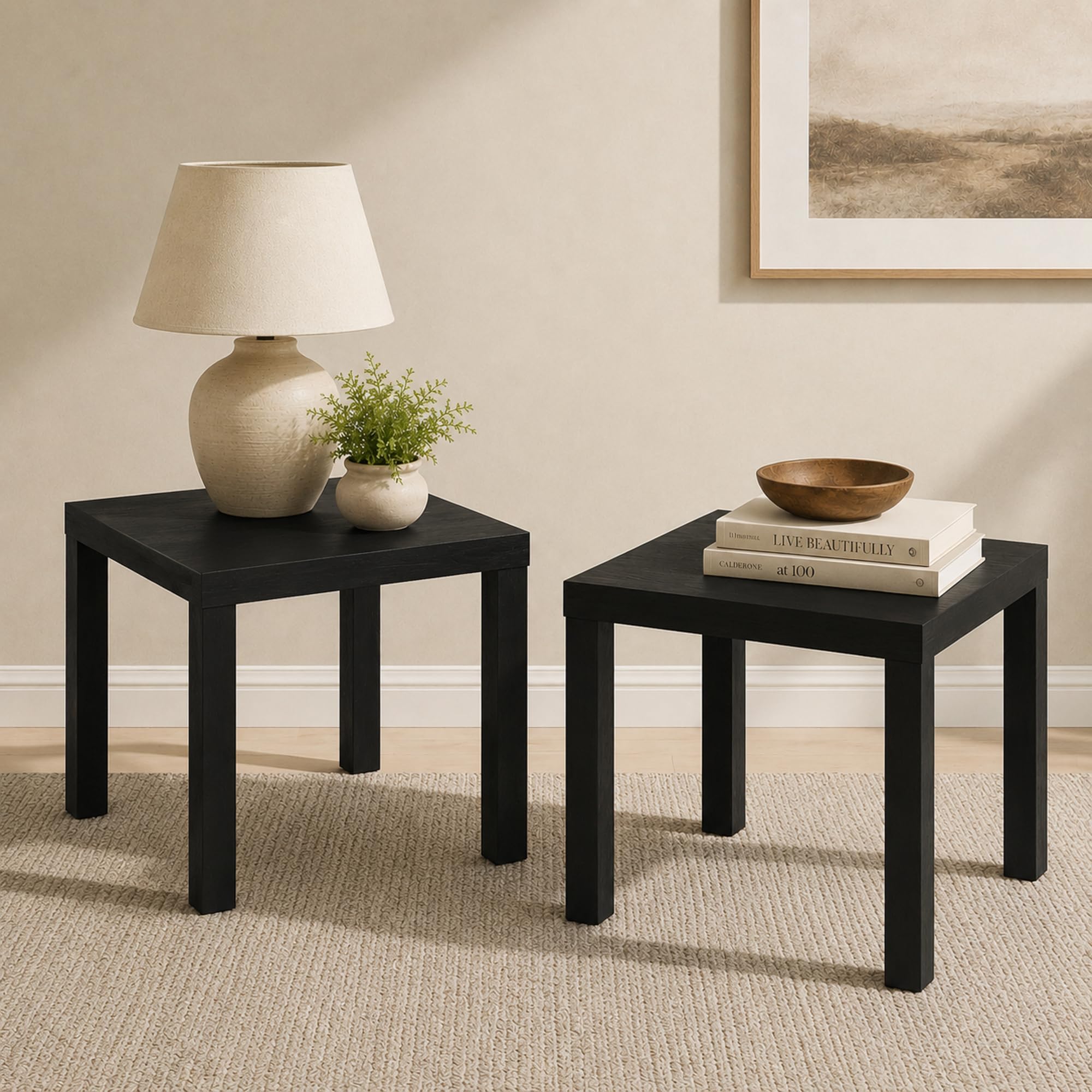 Furinno CLASSIC Toolless Assembly Square Side Table Set of 2, Black End Table with 1.8 Thick Tabletop, Night Stand, Bedside Table, for Living Room, Bedroom, CLASSIC Black