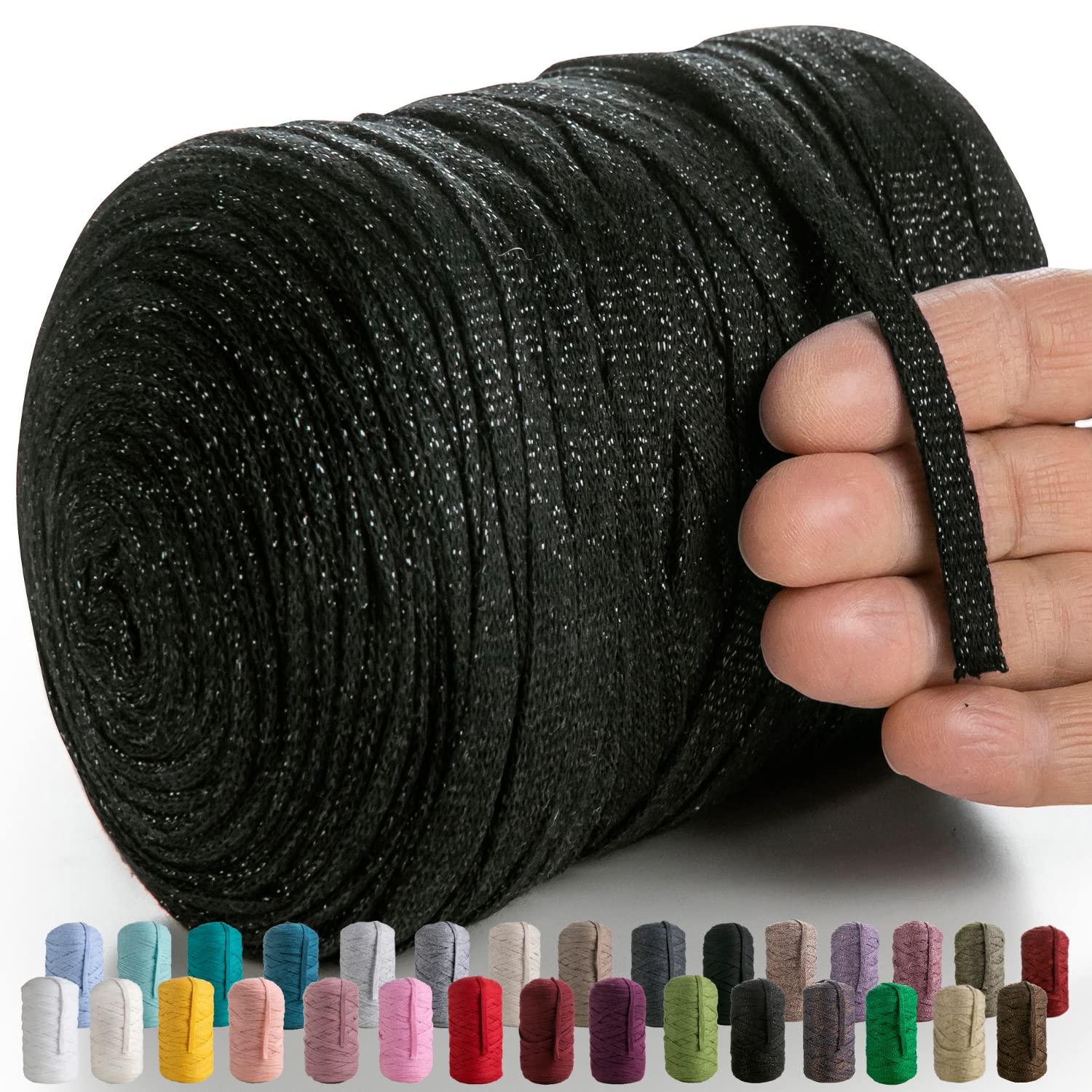 MeriWoolArt® Filato tessile Macramè per uncinetto e maglia - Filato per magliette piatte glitterate fai da te spessore 10 mm, 125 m - Filato di cotone riciclato con Lurex, Viscosa