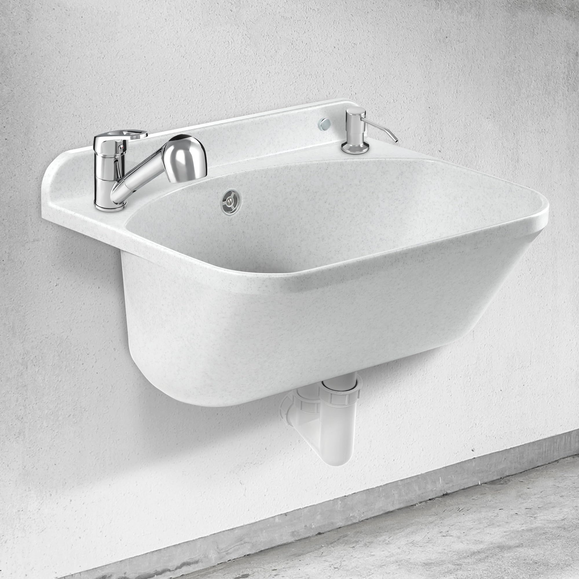 GOSPO Fregadero con grifo extensible, dispensador de jabón, sifón, lavabo, 46 x 36 x 20 cm, para garaje, sótano, lavabo, lavabo de pared, en placa, fregadero, incluye accesorios (blanco)