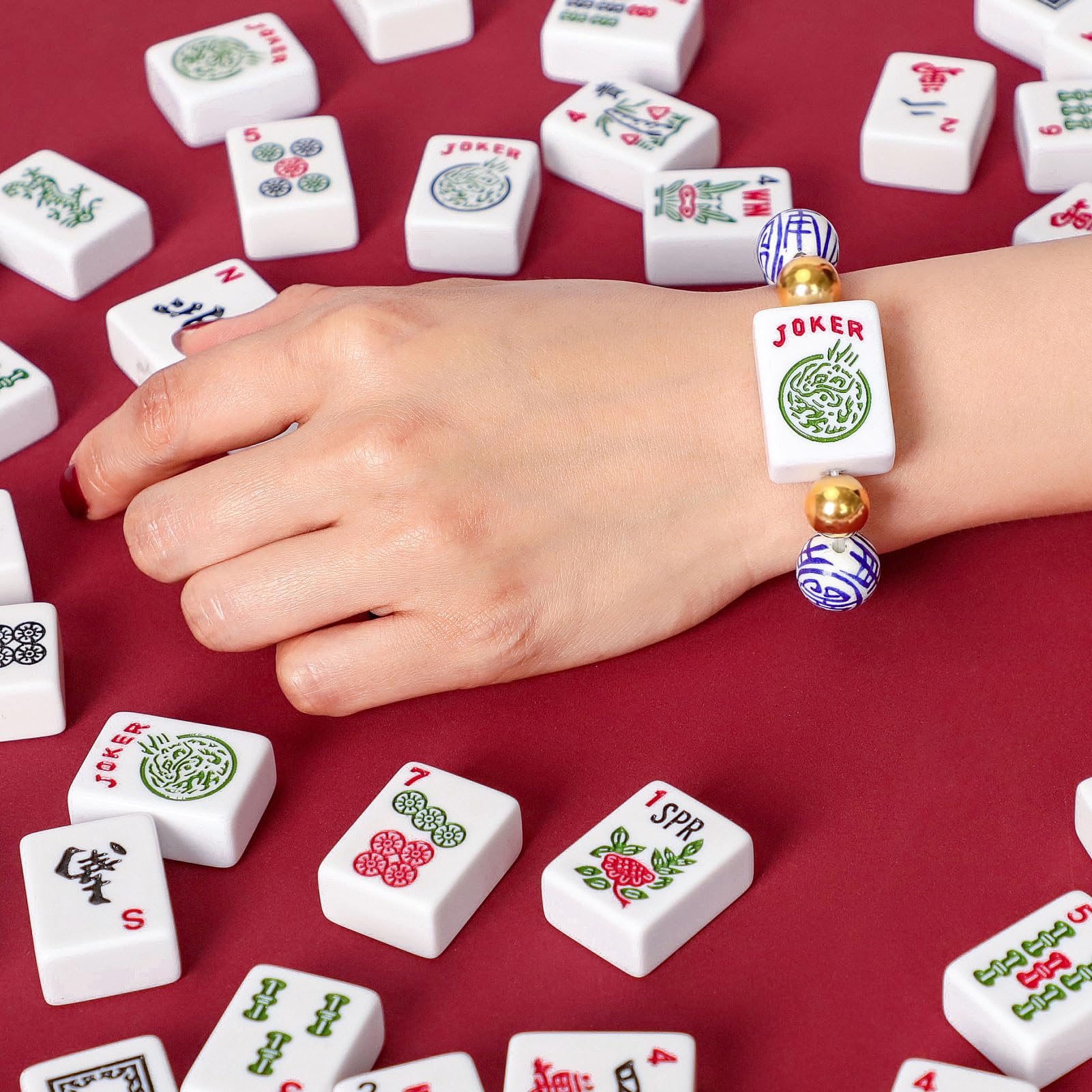American Mahjong Accessoire de mahjong Bleu avec une tuile Joker Convient aux poignets de 14 à 18 cm