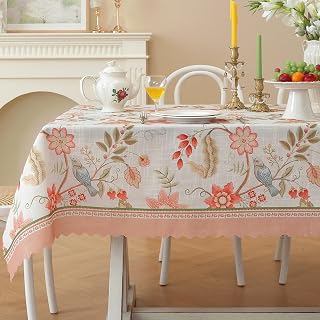 Rectangle Waterproof Tablecloth Linen Textured Table Cloth,Stain and Wrinkle Resistant Washable Fabric Table Cover for Dining, Party, Camping and Outdoor, 60 x 104 Inch, Pink Garden