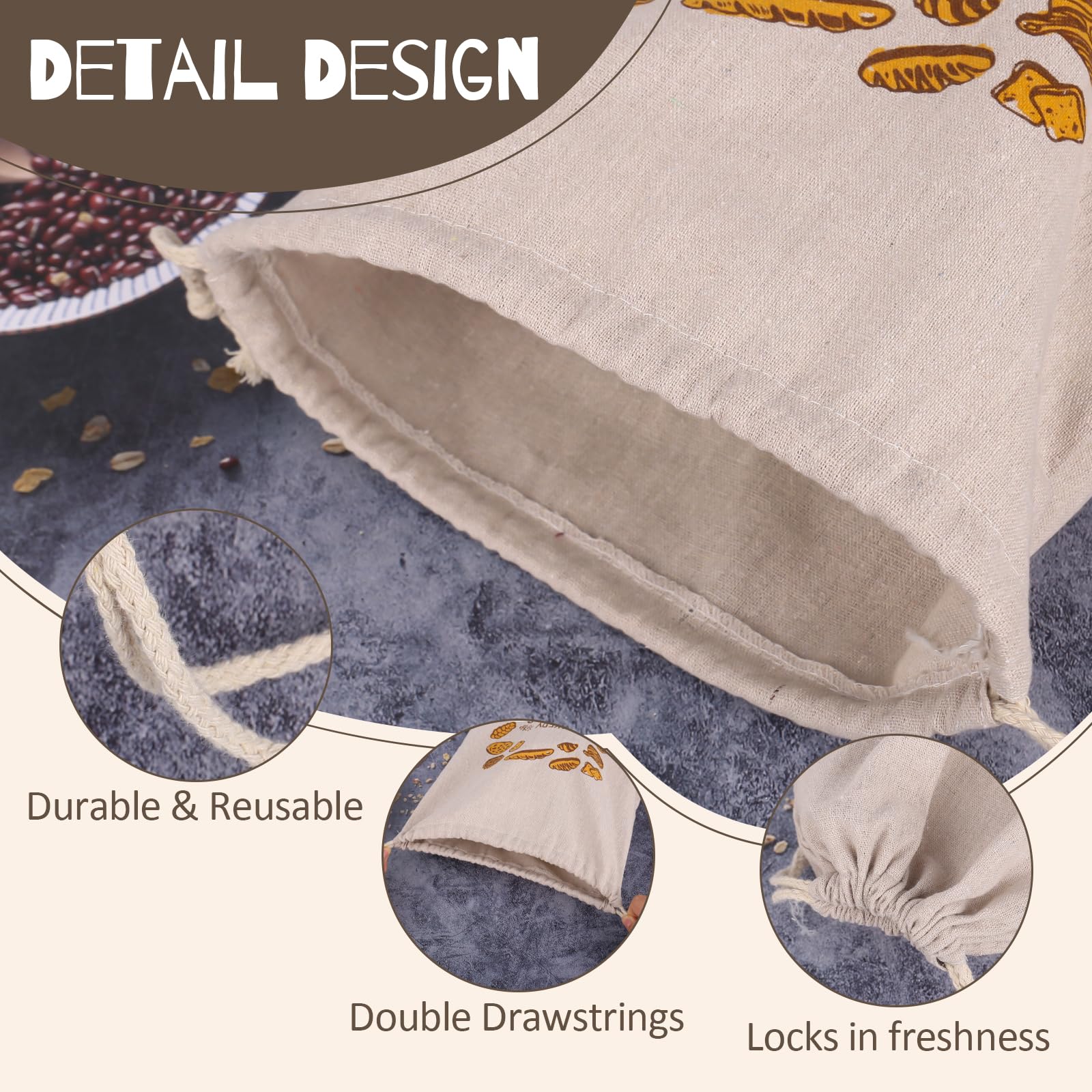 Set Di 4 Sacchetti Per Pane In Lino Con Cordoncino - Riutilizzabili, Ecologici, Con Fodera Interna Senza BPA - 2 Grandi 37x30 Cm + 2 Per Baguette 61x16 Cm - 2