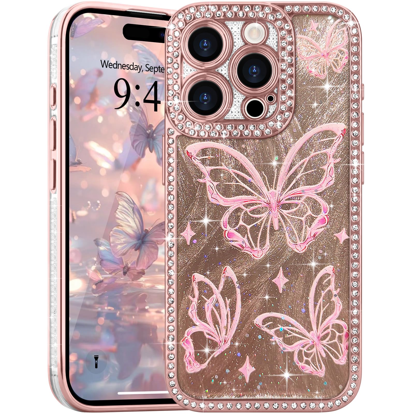 L-FADNUT for iPhone 15 Pro Max Bling Butterfly Case, Cute Luxury Sparkle Glitter Diamond Crystal Rhinestone Protective Case Cover for Girls Women Kids