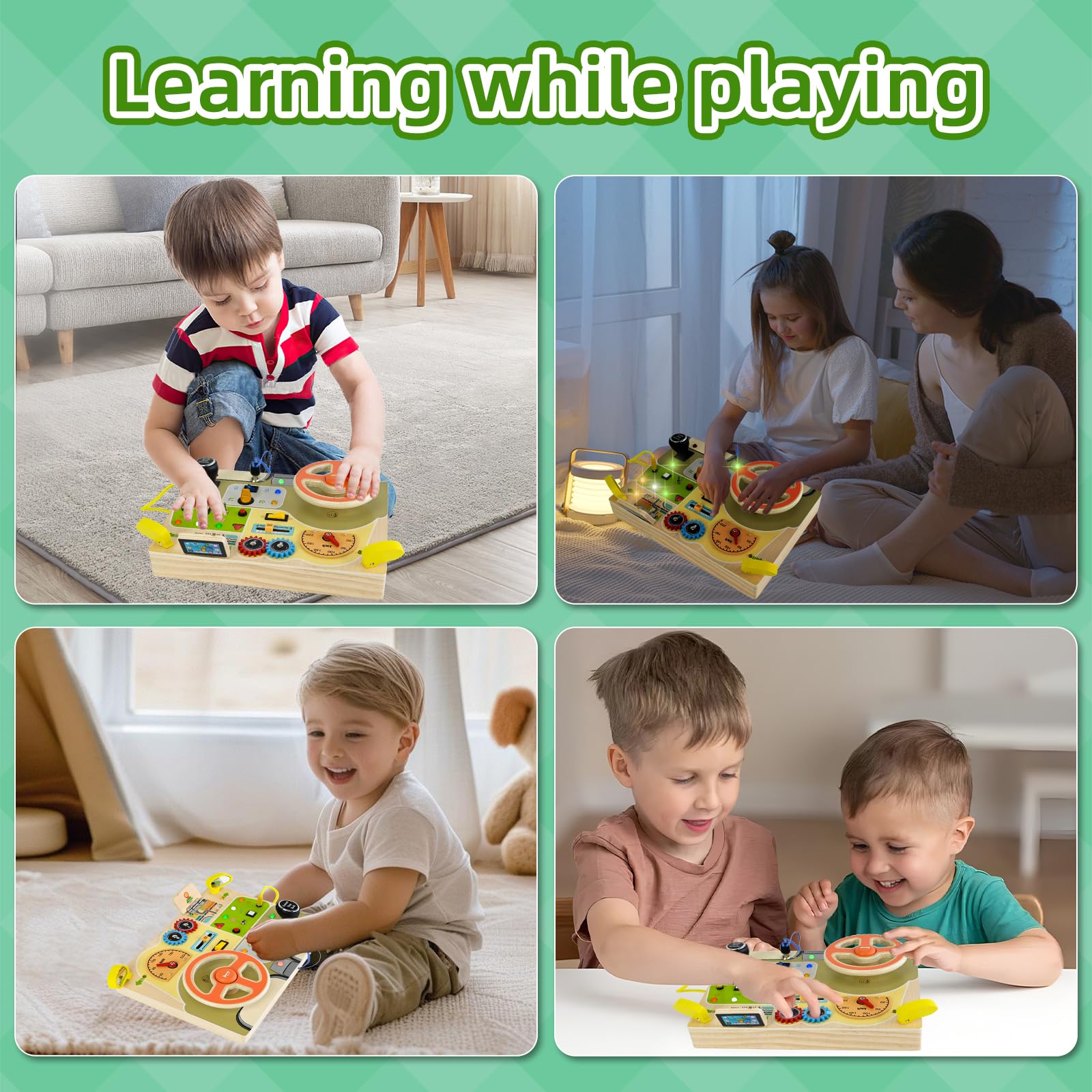 Ulikey Volant Analogique Montessori, Tableau Busy Board en Bois pour Bébés, Planche Occupée avec Volant Simulé et Interrupteurs Lumineux à LED, Enfants Activity Board Jouets avec Lettres