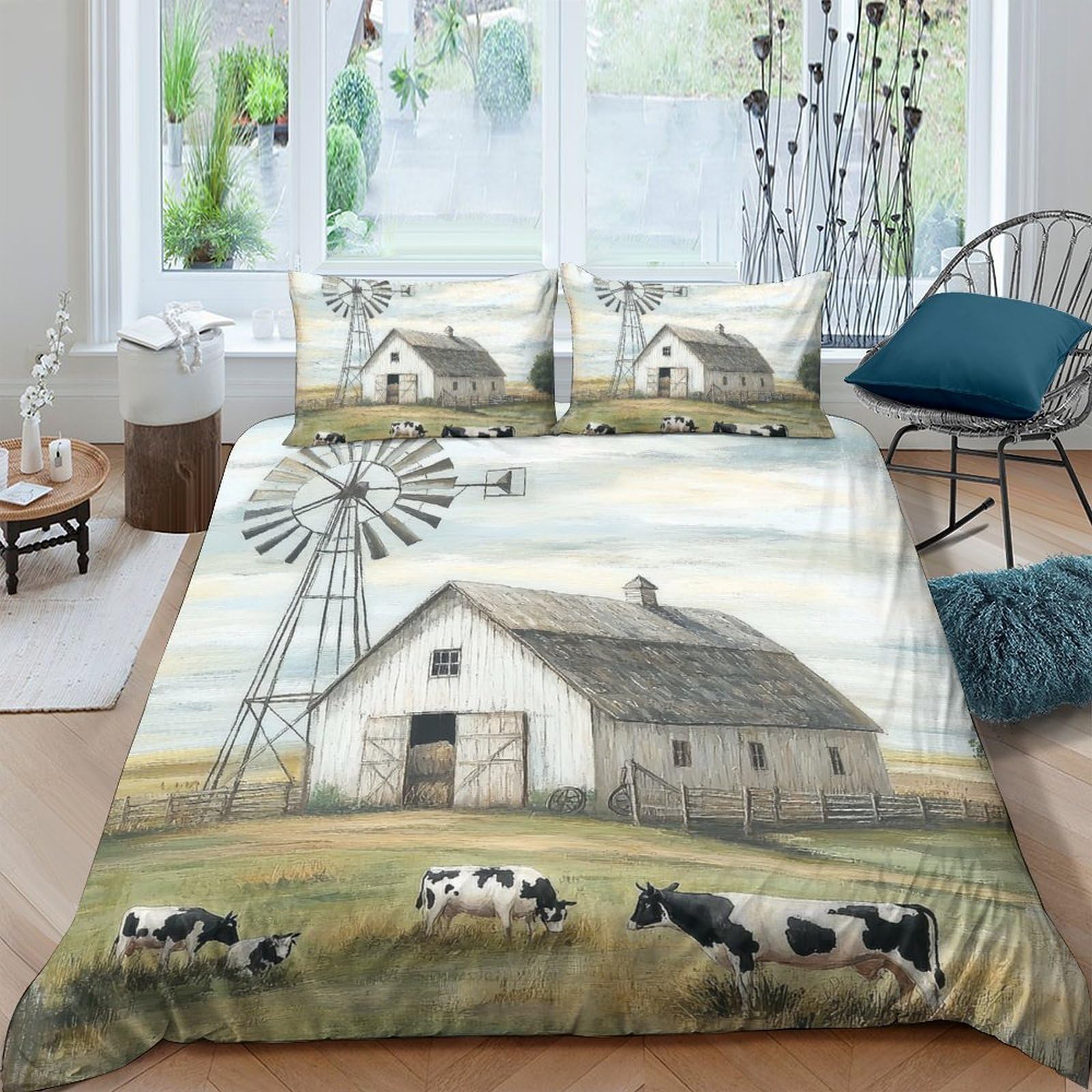 Ctjqhvkz Style-4 3D Printed Farm Barn Fitted Sheet Microfiber Soft Pastoral Cow Mattress Cover For Bedroom Guest Room Decor Single（135X200cm）