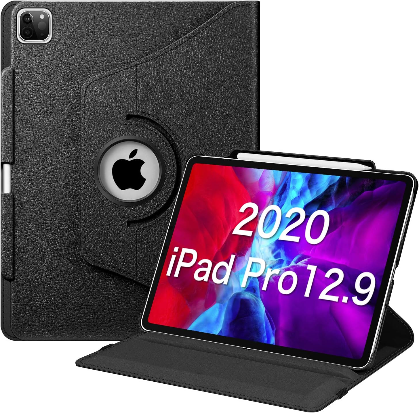 CaseBot Case with Built-in Pencil Holder for iPad Pro 12.9" 2020/2018 [Support 2nd Gen Pencil Charging Mode] - 360 Degree Rotating Stand Protective Cover with Auto Sleep/Wake, Black