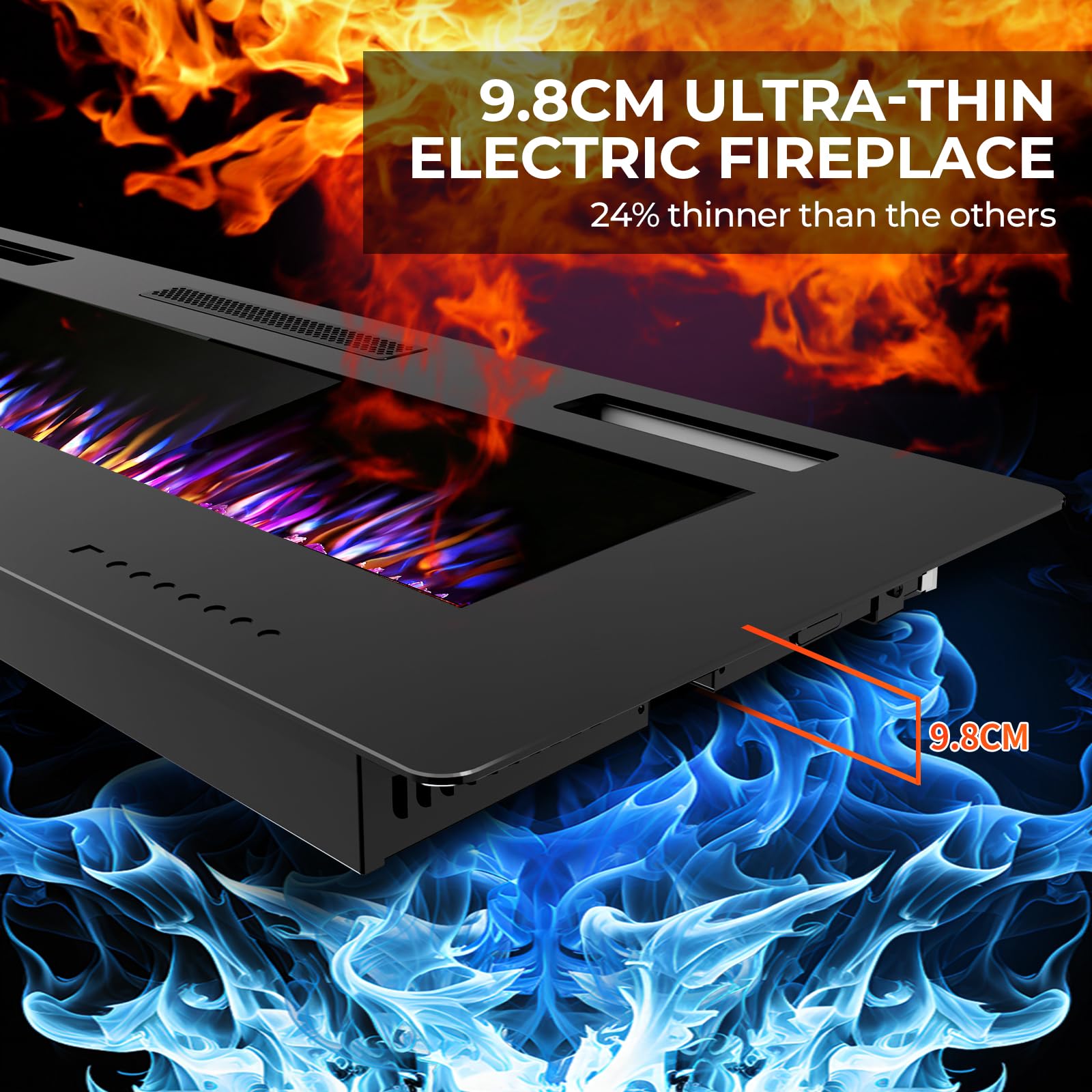 R.W.FLAME 50 pollici/127 cm, camino elettrico da incasso e da parete con fiamma realistica e regolabile, 750/1500 W, riscaldamento ultra piatto con telecomando, camino lineare per soggiorno