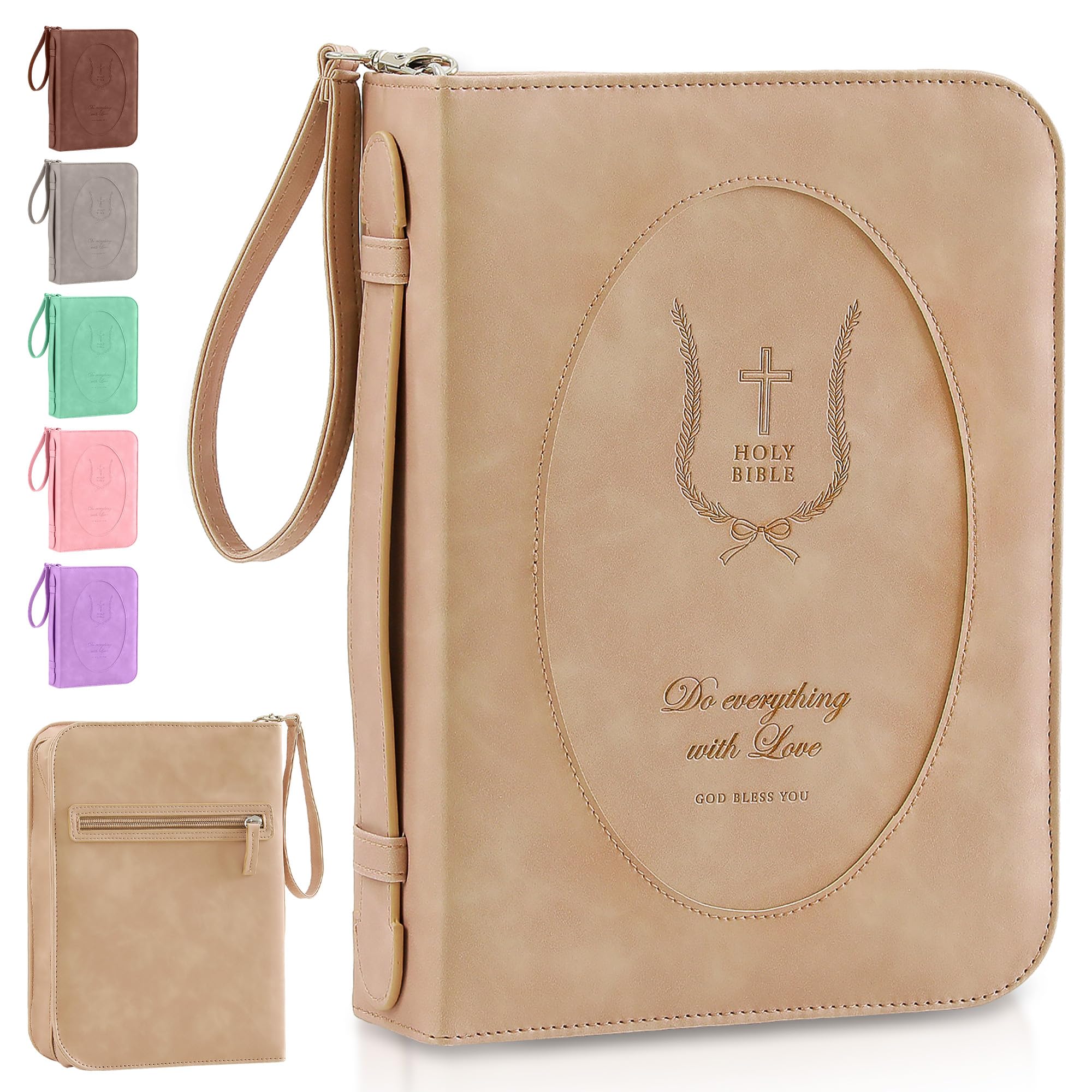 ADDFIT HOUSE Leather Bible Cover Case for Women – Large Book Case with Handle and Pockets, Floral Book Cover, Bible Protector for Study or Church,