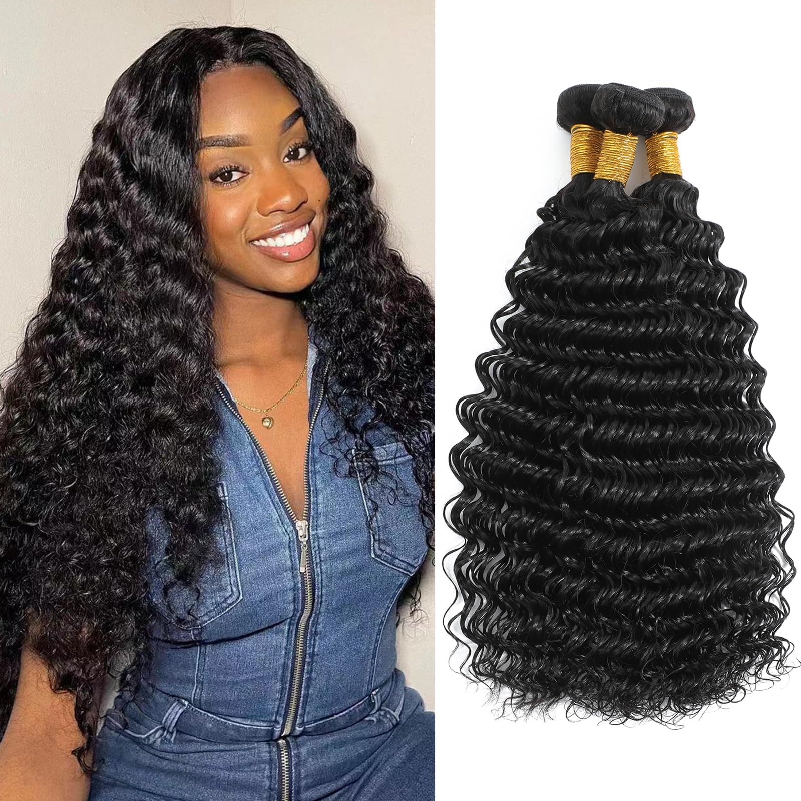 SalunaDeep Wave Bundles 12 14 16 Inch Full And Thick 3 Bundles 12A 100% Unprocessed Brazilian Virgin Human Hair Bundles Soft Curly Bundles Human Hair