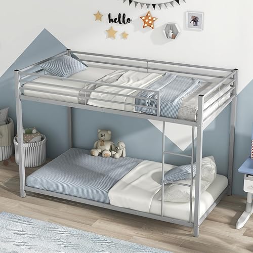 Miniatura 10 de KOMFOTT Litera baja de metal, tamaño individual sobre individual, base de cama resistente con escalera y barandillas de longitud completa, marco de