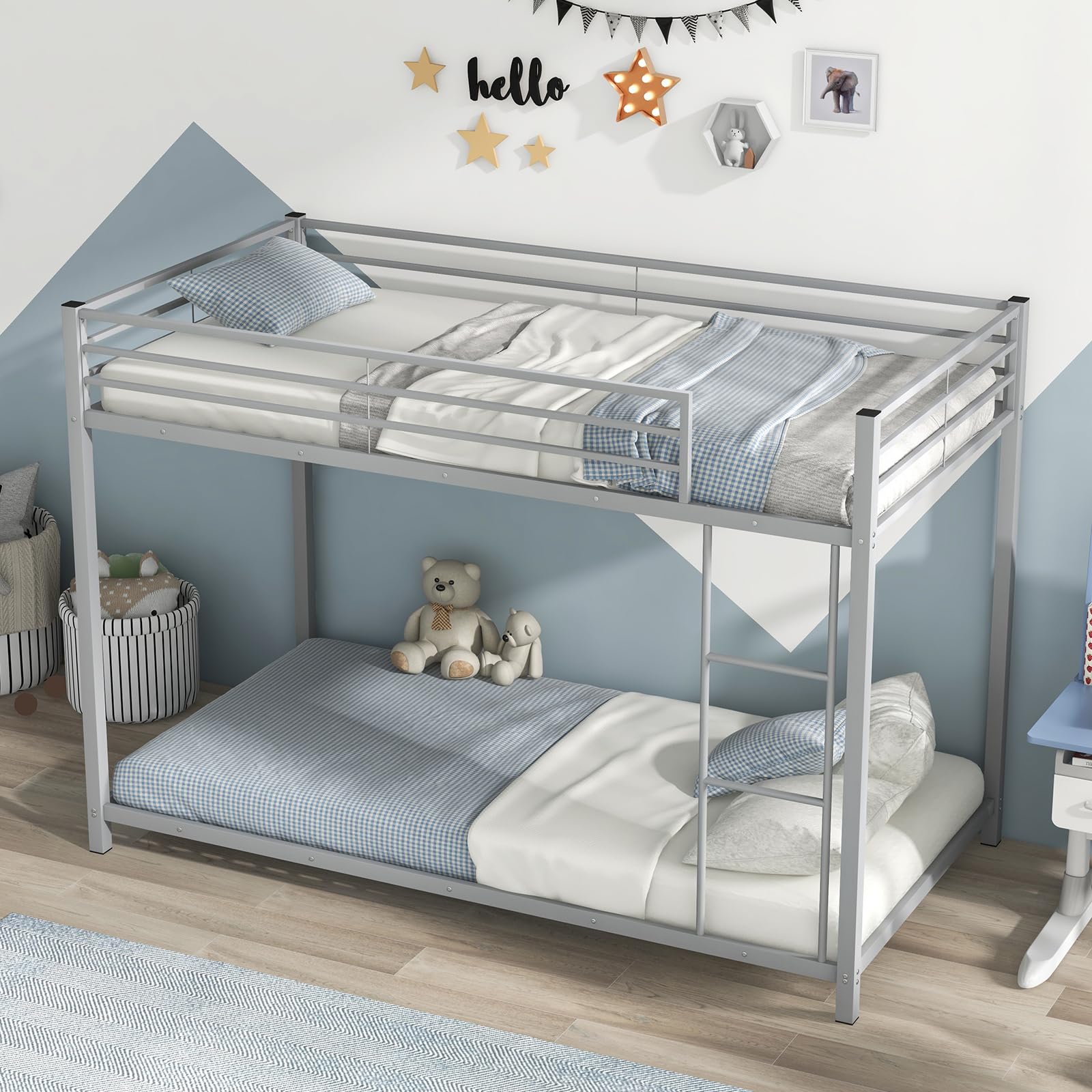 KOMFOTT Metal Low Bunk Bed Twin Over Twin, Heavy Duty Bunk Bed Frame with Ladder & Full-Length Guardrails, Metal Slatted Floor Bed Frame for Teens &