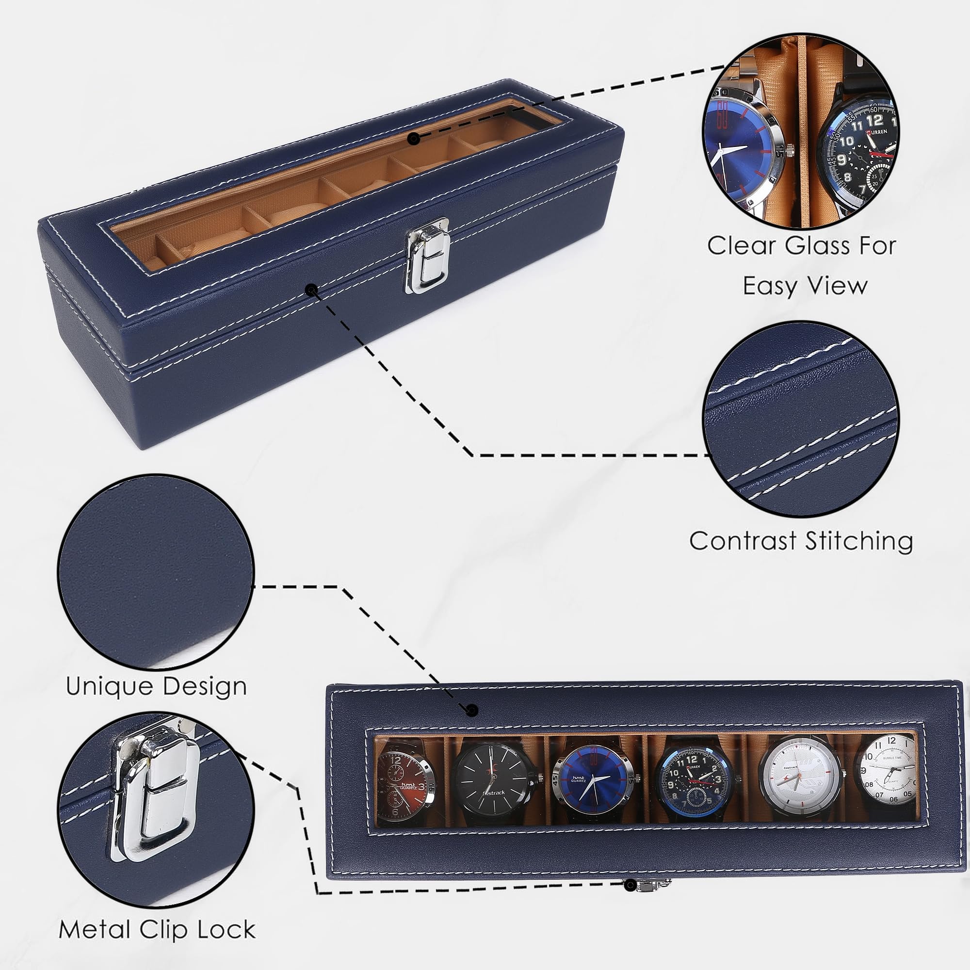 LEDO Watch Box Organizer Case with 6 Slots, Transparent Display, PU Leather Exterior, Blue & Cream Velvet Interior, Metal Clasp Lock, Rectangular Storage Case for Men 3