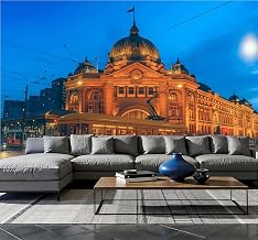 Modern Peel and Stick Wallpaper Removable Wall Murals 3D Tram Passing Flinders Street Station Dusk Self-Adhesive Vinyl Wall Stickers for Living Room Bedroom 96"x69"