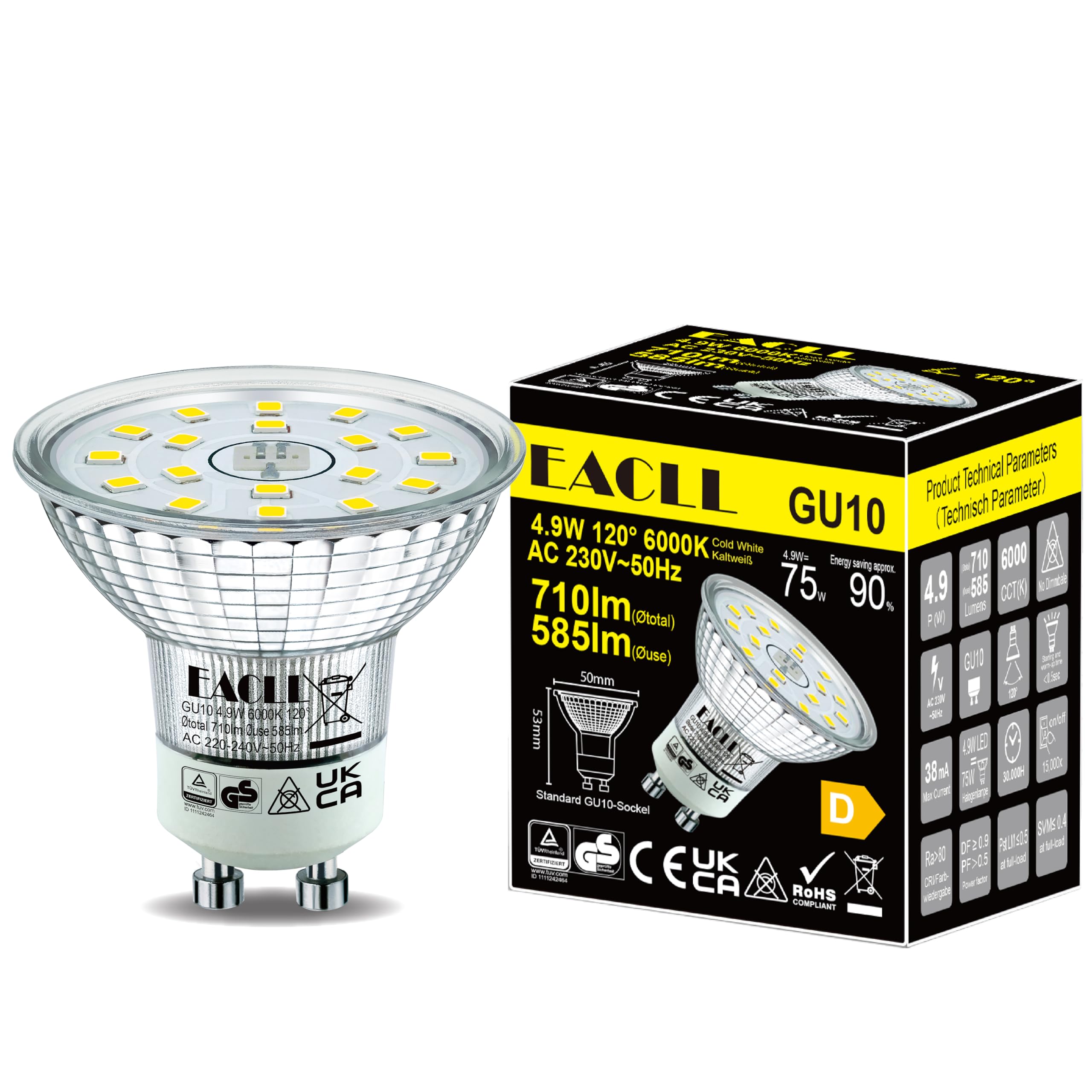 EACLL Lampadine LED GU10 4.9W Equivalente a Alogena 75W, Pacco da 20, 585lm 6000K Bianco Freddo, Faretti AC 230V senza Sfarfallio, Angolo a Fascio 120° Spot, Non Dimmerabile corta Riflettore Lampade
