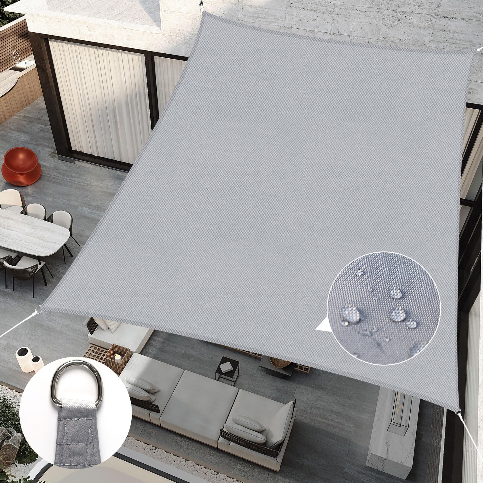 RICHIE Sun Shade Sail Rectangle 4m x 6m Waterproof, 98% UV Block Awnings for Patios with Free Rope, Sunscreen Awning Canopy, Rectangular Garden Shelter for Outdoor Garden Patio Yard Lawn, Light grey