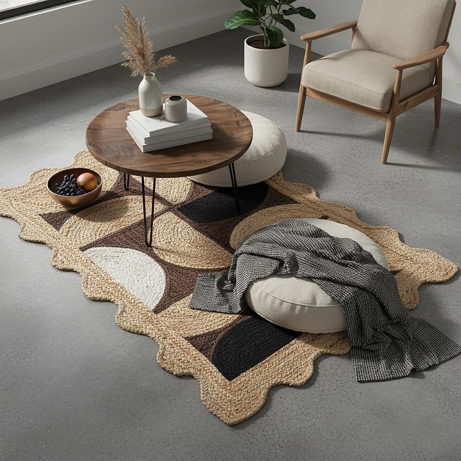 Jute Scalloped Rug 12x15 Indian Jute Hand Woven Area Rugs Thick 0.27" Geometric Half-Moon Brown & Black Rugs for Living Room, Bedroom, Home/Office Decor Carpet