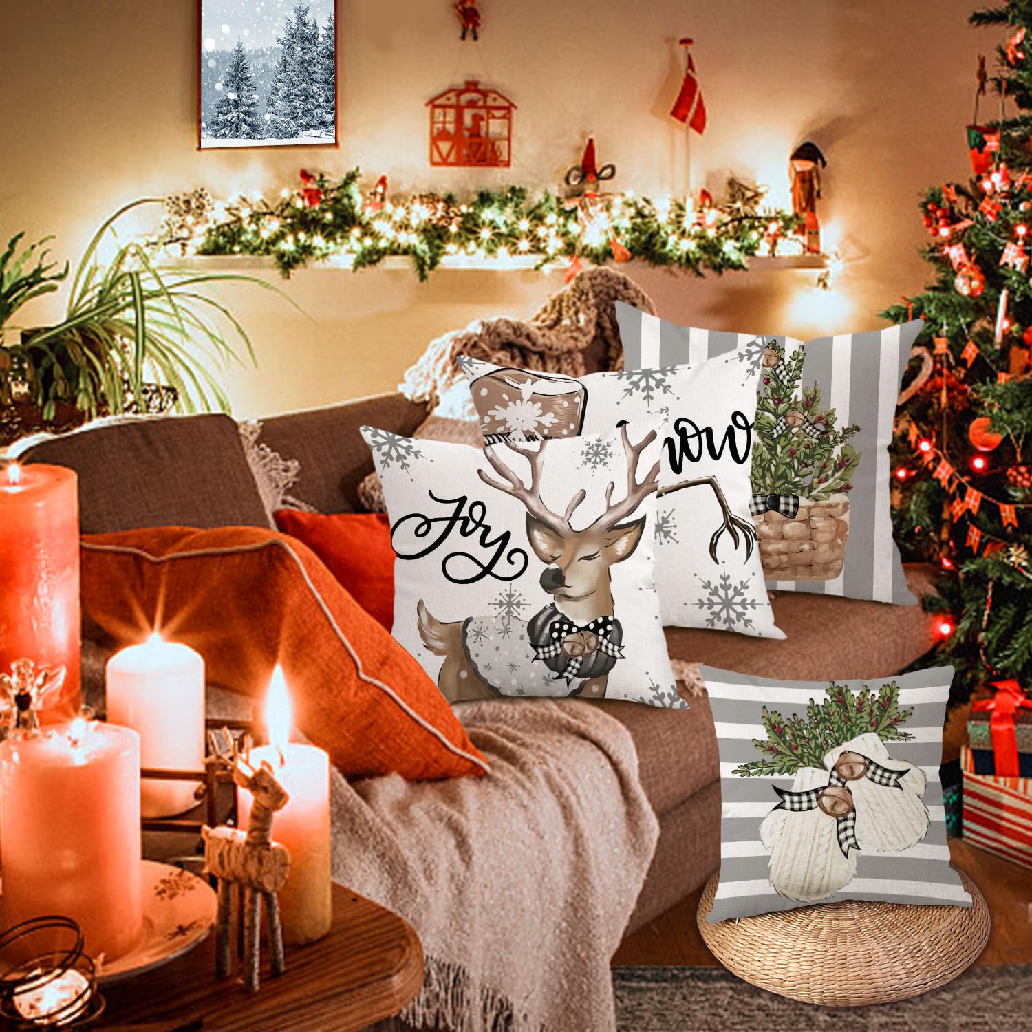 Gujiahone Set di 4 federe decorative natalizie per cuscini con pupazzo di neve, renna, gioia, grigio, a righe, per divano, decorazione della casa, 45,7 x 45,7 cm