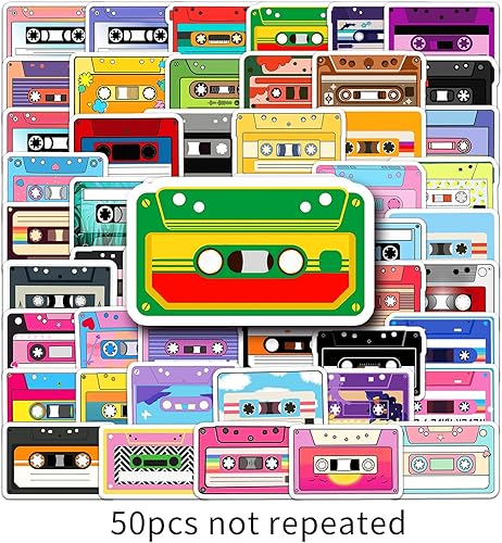 Miniatura 4 de Calcomanías de casete de música, 50 unidades de vinilo de dibujos animados para botellas de agua, álbumes de recortes, laptop, autos, guitarra,