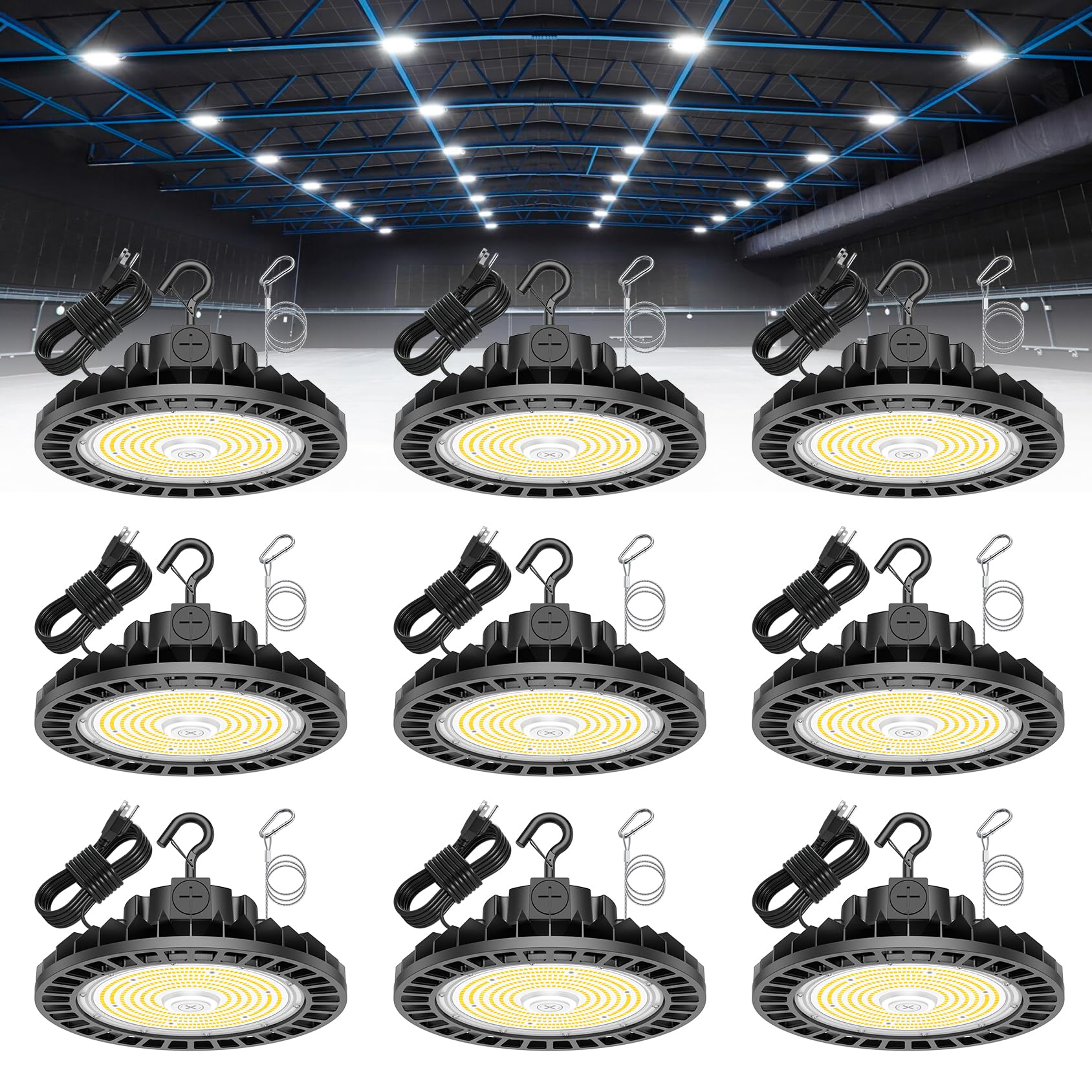 9 Pack LED High Bay Light 240W - 5ft Cable Adjustable CCT 4500K 5000K 5700K Power 240W 200W