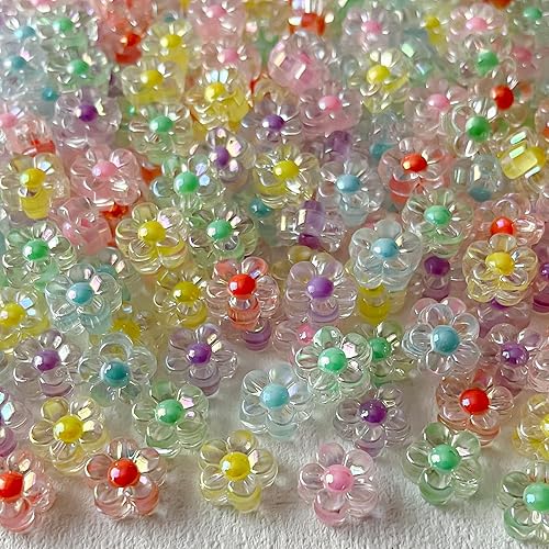 200 cuentas de flores de color Ab, cuentas de flores acrílicas coloridas transparentes, agujero recto, cuentas de flores acrílicas de color interior