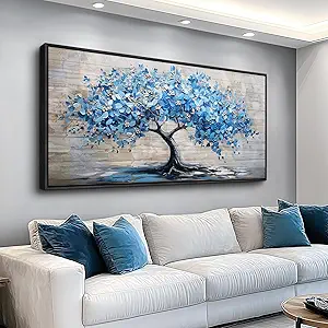 ERQINHUA Large Canvas Wall Art For Living Room Farmhouse Wall Decor For Bedroom Abstract Paintings Blue Tree Wall Pictures Artwork Office Decoration Dormitory Home Decor Black Framed 24x48 Inches