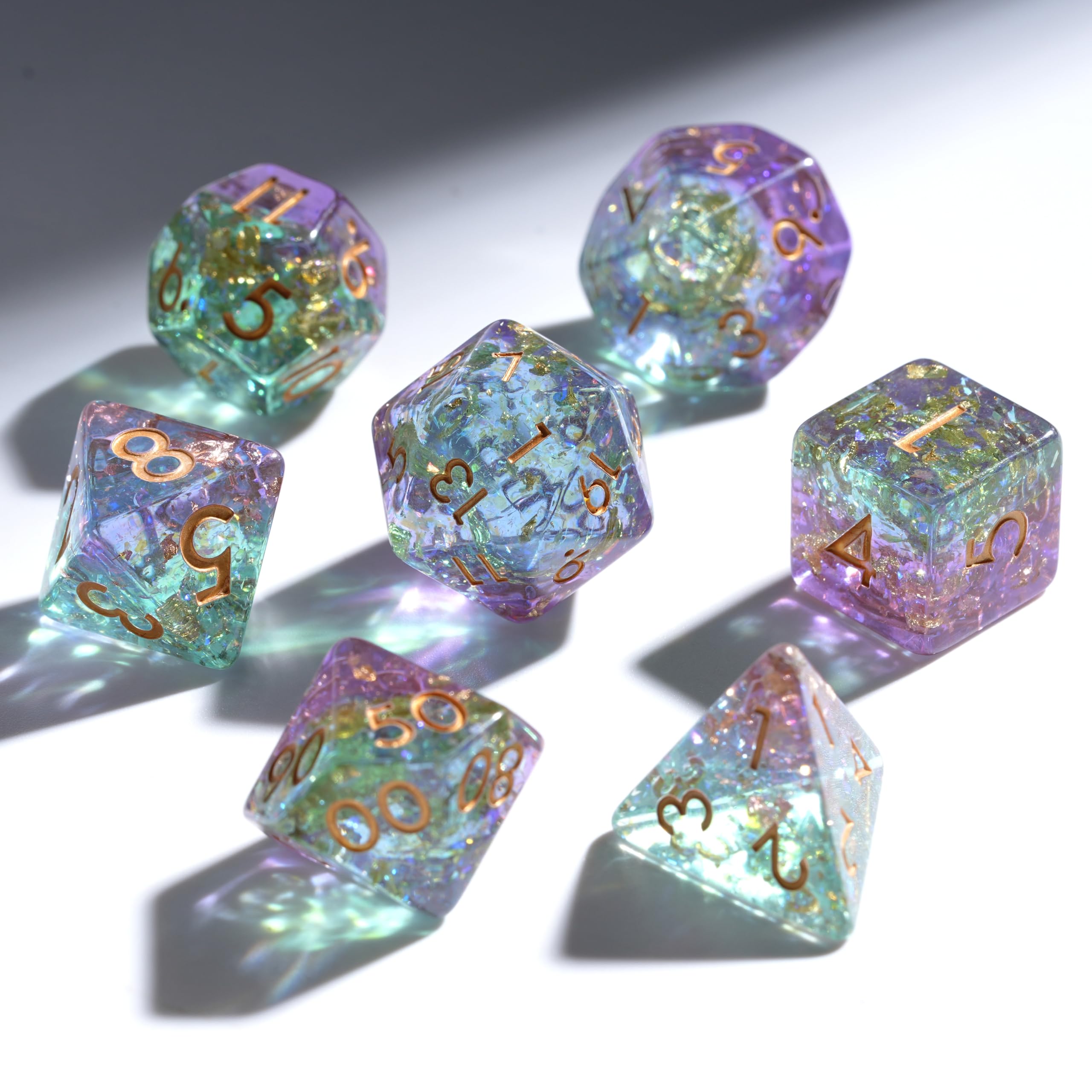 Prismatic Realm Resin Dice Set for DND – 7pc Polyhedral Set with Glitter & Foil – Stunning and Cool RPG Dice for Dungeons & Dragons, and Other TTRPGs – Unique Natural Distribution