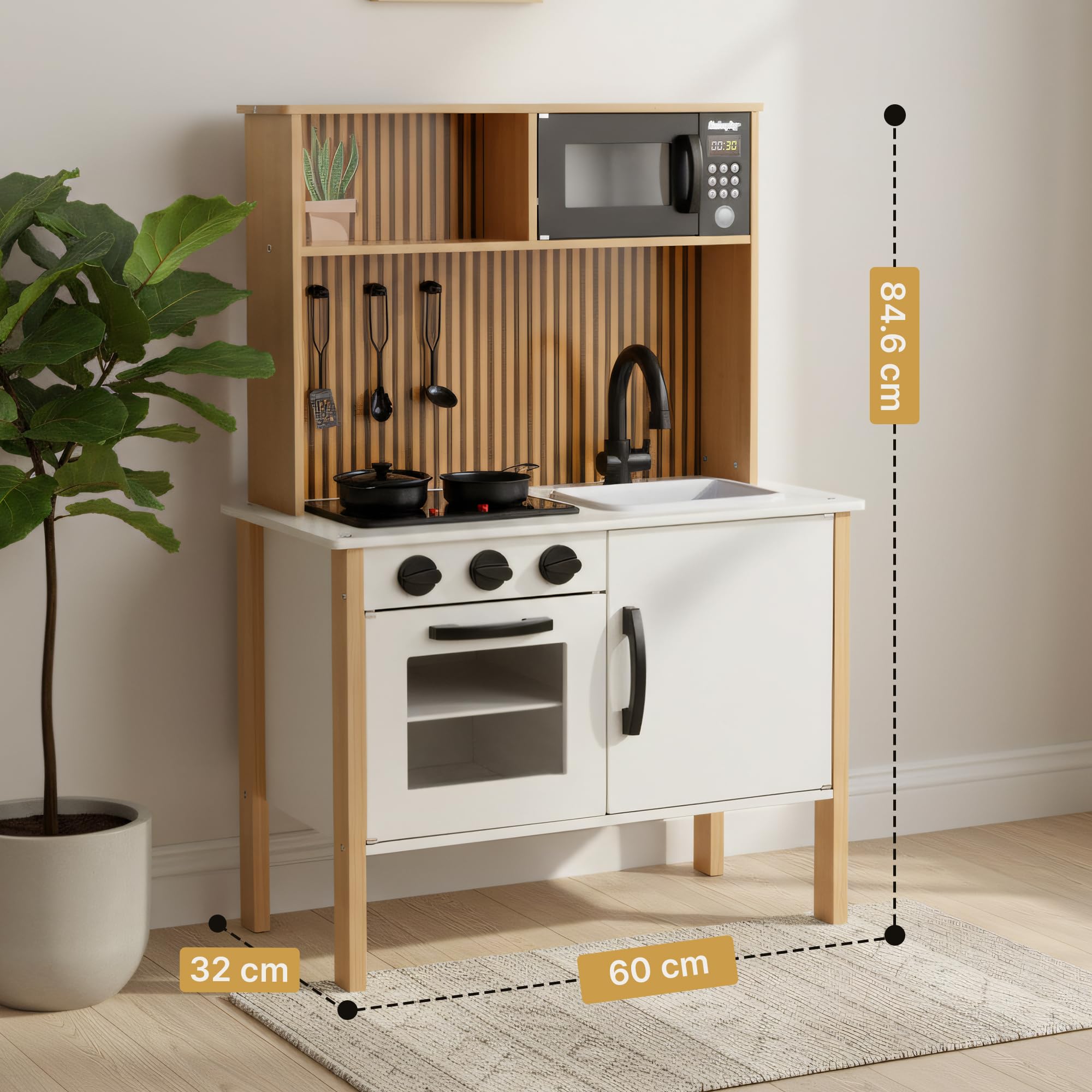 Cucina per bambini in legno con luce e suono - Cucina giochi con accessori, fornello, forno, lavello, microonde, cucina moderna in legno per bambini dai 3 anni in su, GS0070