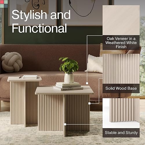 Miniatura 5 de Juego de mesa auxiliar cuadrada anidable, mesa central con base de roble acanalado para sala de estar, juego de conjunto de chapa de grano de